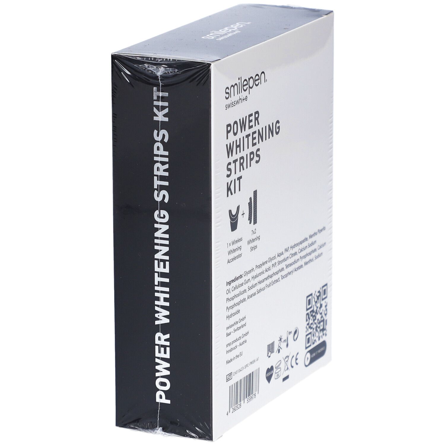 Emballage "Power Whitening Strips Kit". Contient accélérateur et bandes. Marque: smilepen.