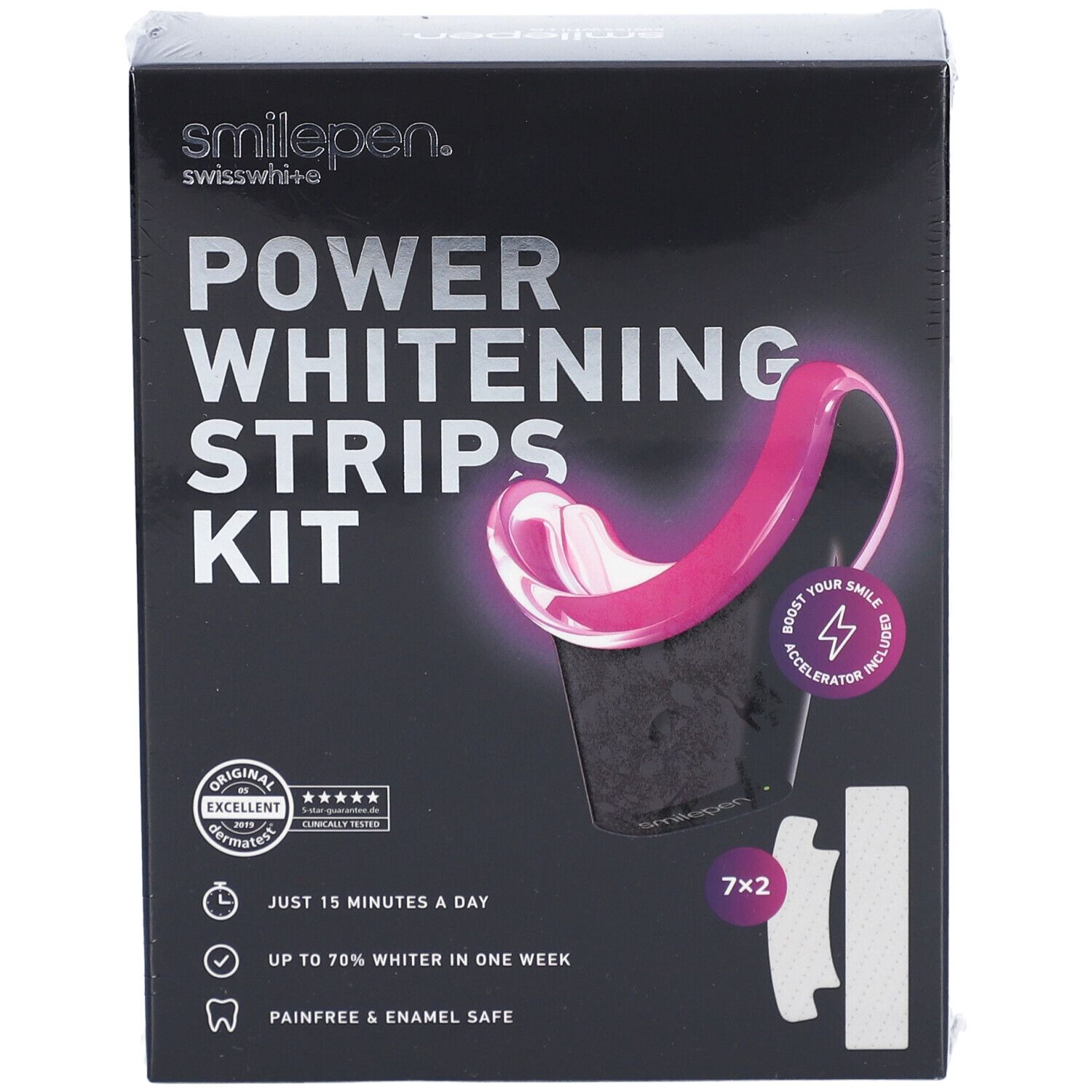 Boîte noire "Power Whitening Strips Kit". Contient des bandes et un accélérateur. Marque: smilepen.