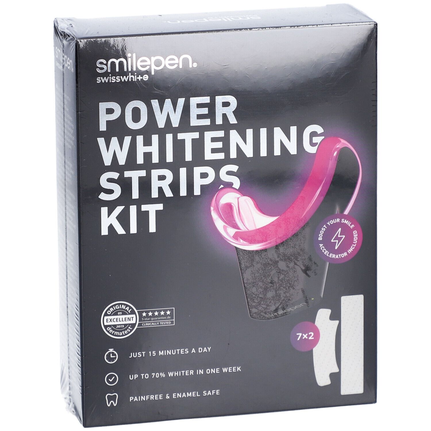 Boîte noire "Power Whitening Strips Kit". Contient des bandes et un accélérateur. Marque: smilepen.