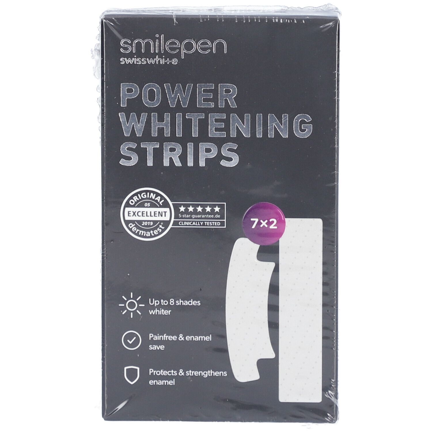 Verpackung mit "smilepen swisswhite POWER WHITENING STRIPS". Enthält 7x2 Streifen. Mit Dermtest-Siegel.