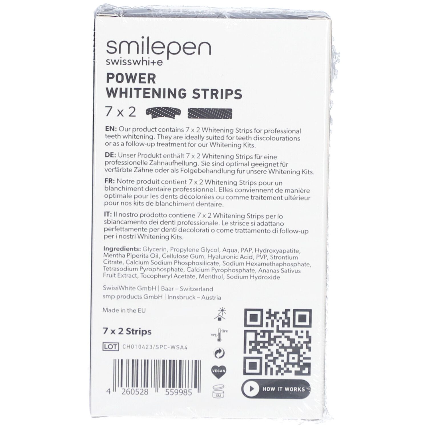 Rückseite der Verpackung mit Produktinformationen und Inhaltsstoffen. Enthält 7x2 Streifen. Mit QR-Code.