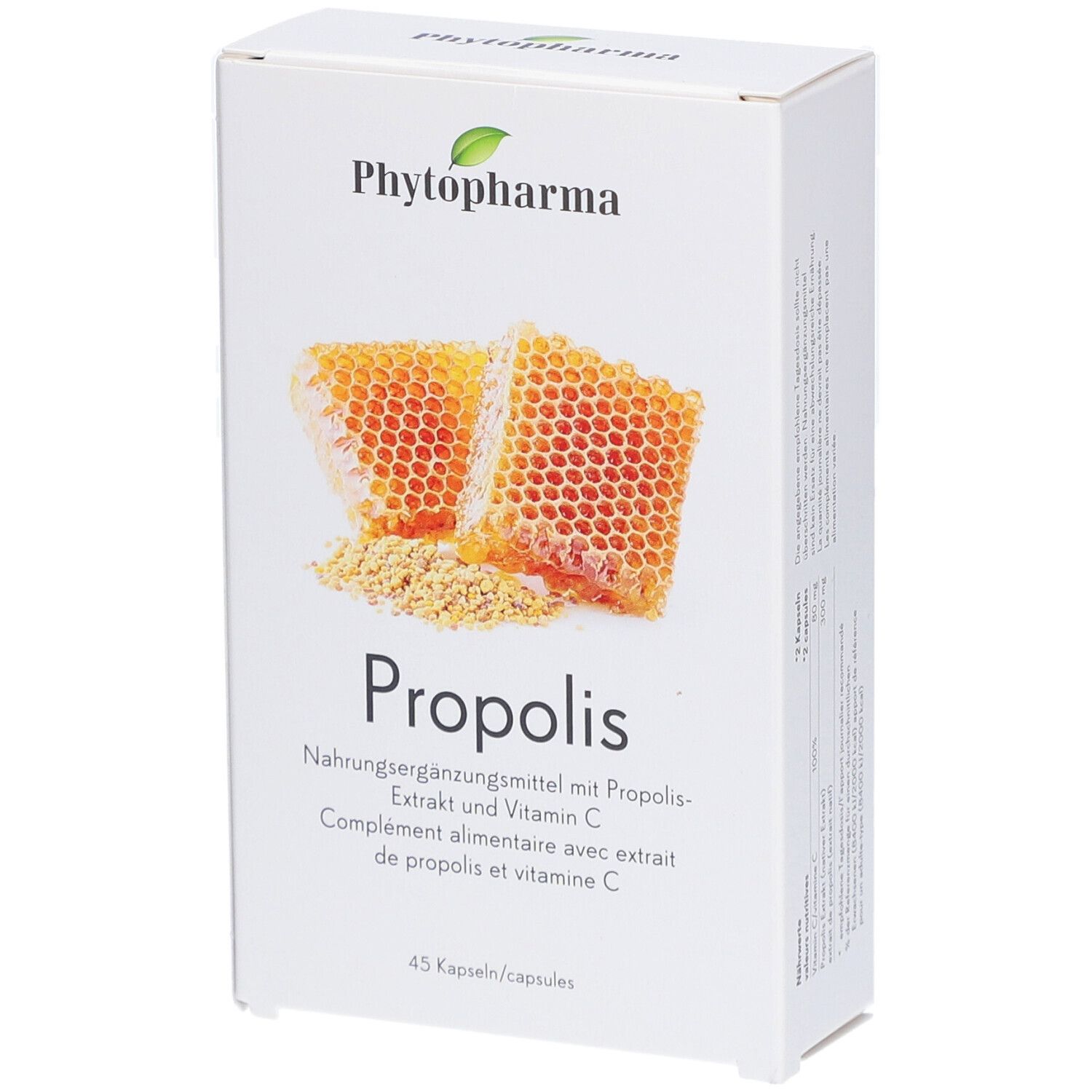 Boîte blanche avec logo "Phytopharma" et illustration de rayons de miel. Inscription "Propolis" en dessous. 45 gélules.