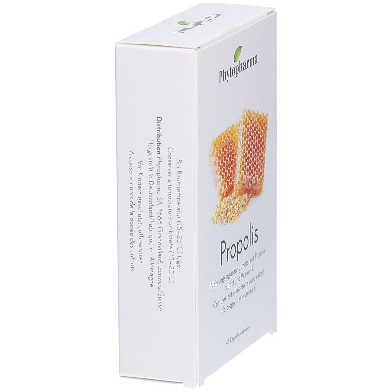 Boîte blanche avec logo "Phytopharma". Vue latérale avec texte : distribution, stockage et avertissement enfants.