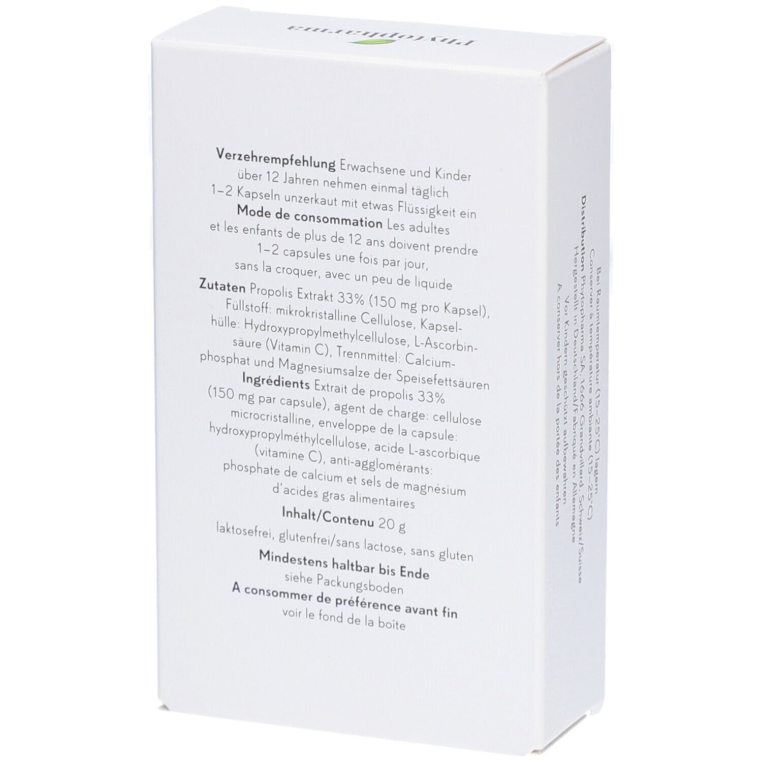 Boîte blanche avec texte. Recommandations, ingrédients, contenu 20g, à consommer de préférence avant fin.