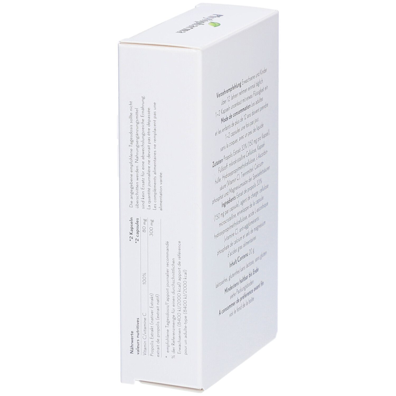 Boîte blanche avec texte. Informations nutritionnelles, recommandations, ingrédients.