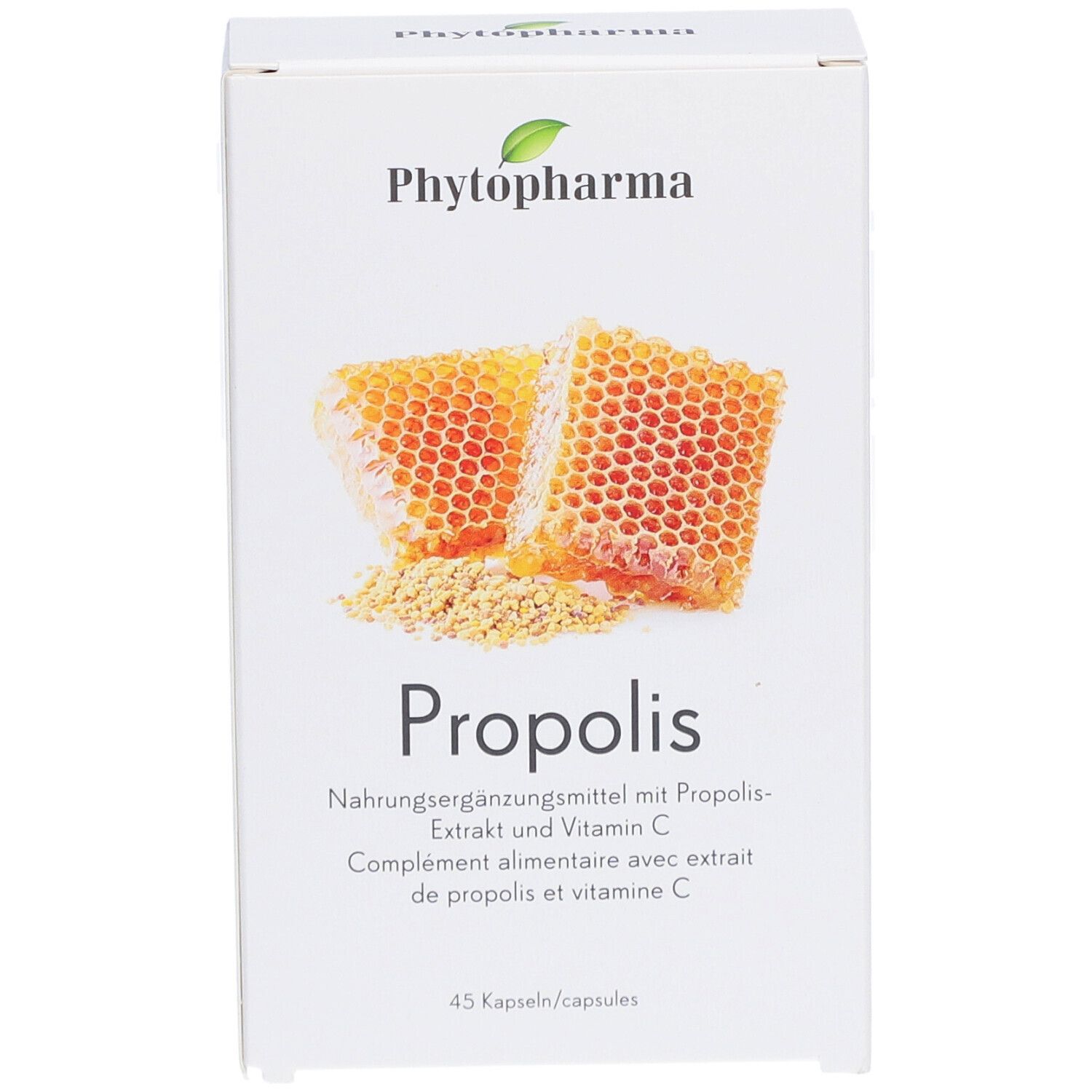Boîte blanche avec logo "Phytopharma" et illustration de rayons de miel. Inscription "Propolis" en dessous. 45 gélules.