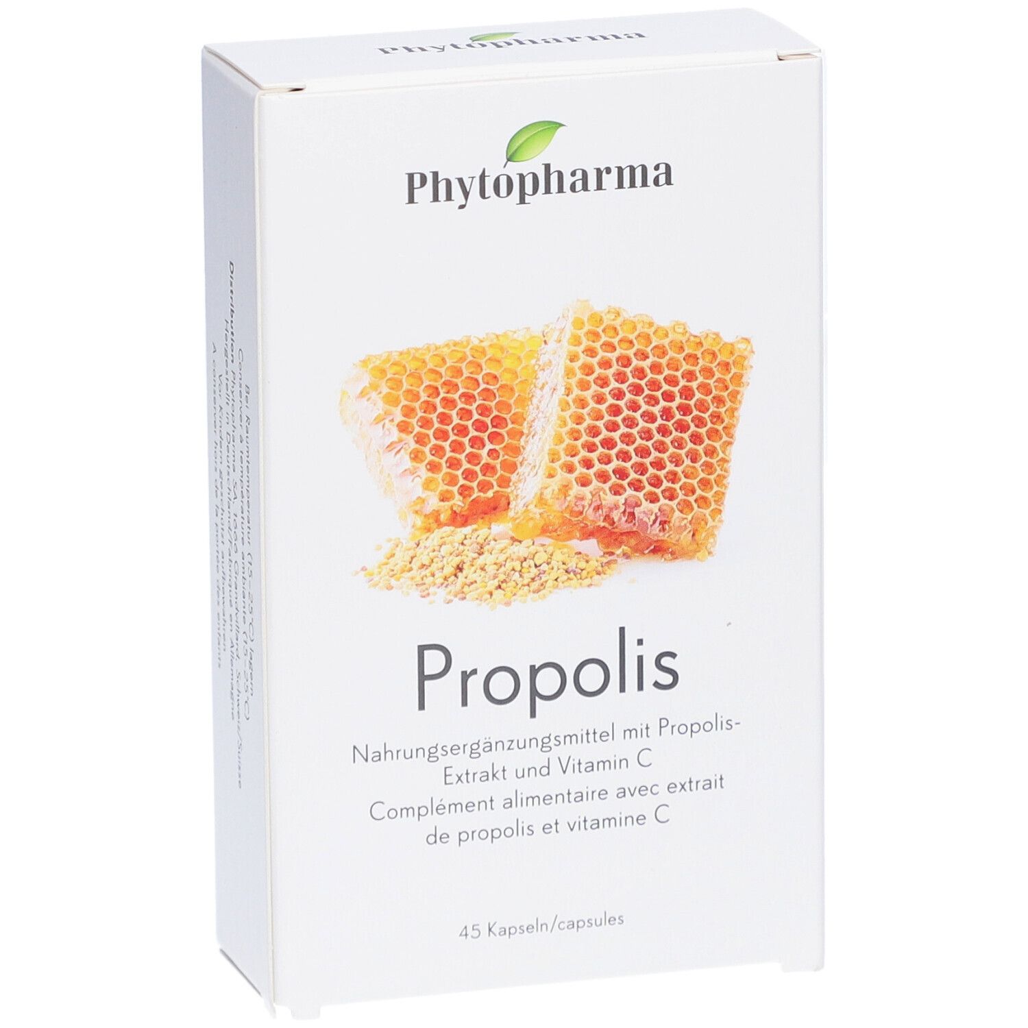 Boîte blanche avec logo "Phytopharma" et illustration de rayons de miel. Inscription "Propolis" en dessous. 45 gélules.