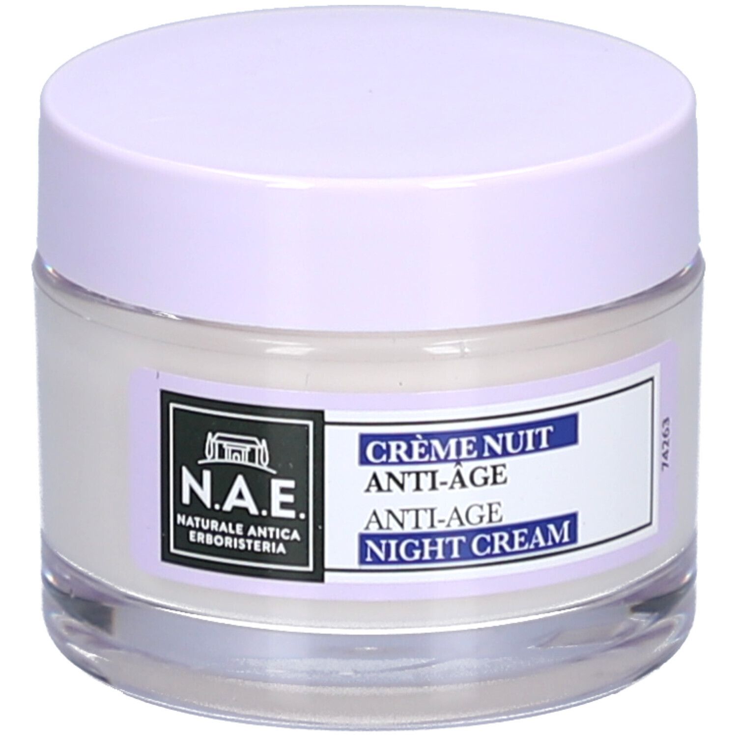 Creme-Glas mit lila Deckel. Etikett mit Logo und Text: Crème Nuit Anti-Âge Night Cream.