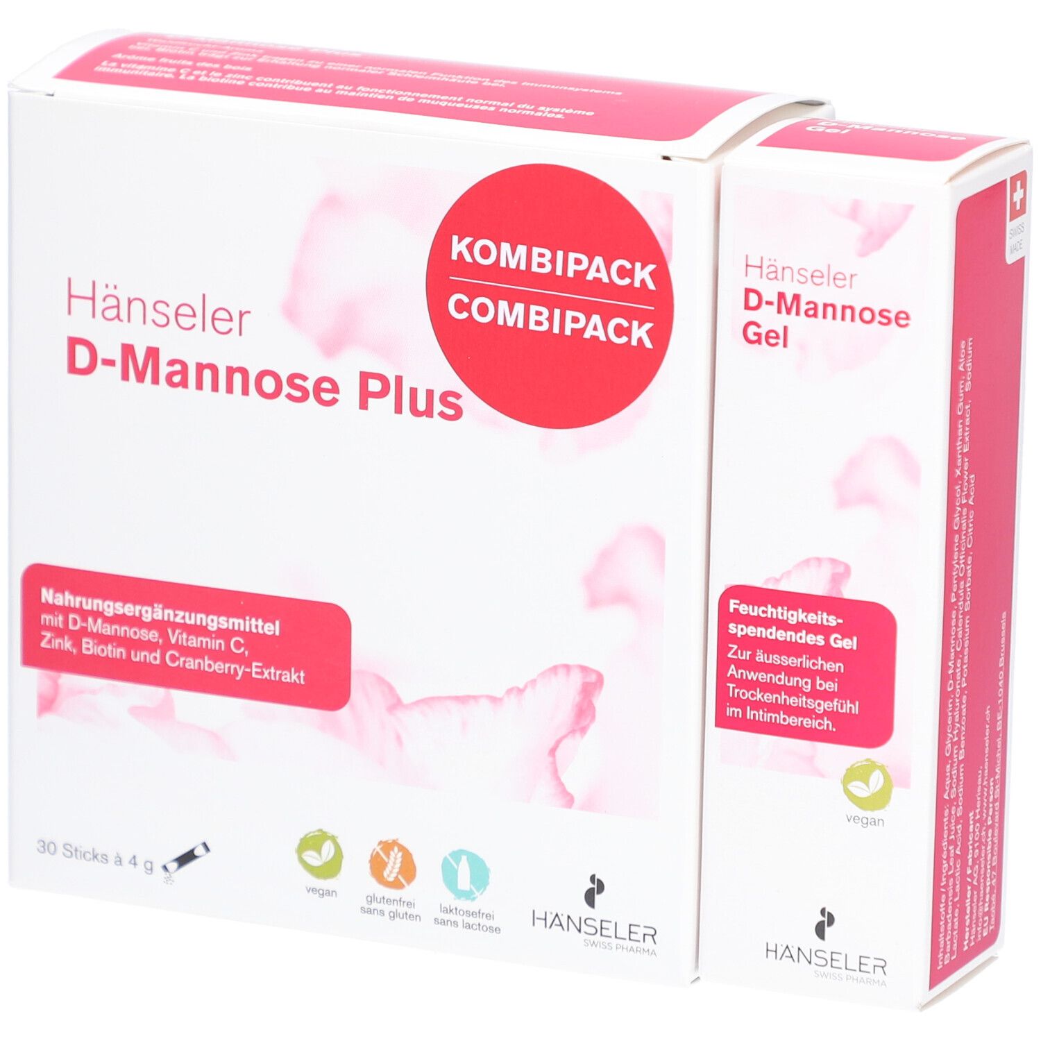 Kombipackung mit "Hänseler D-Mannose Plus" und "Hänseler D-Mannose Gel". Beide Produkte sind in weiß-rosa Verpackungen.