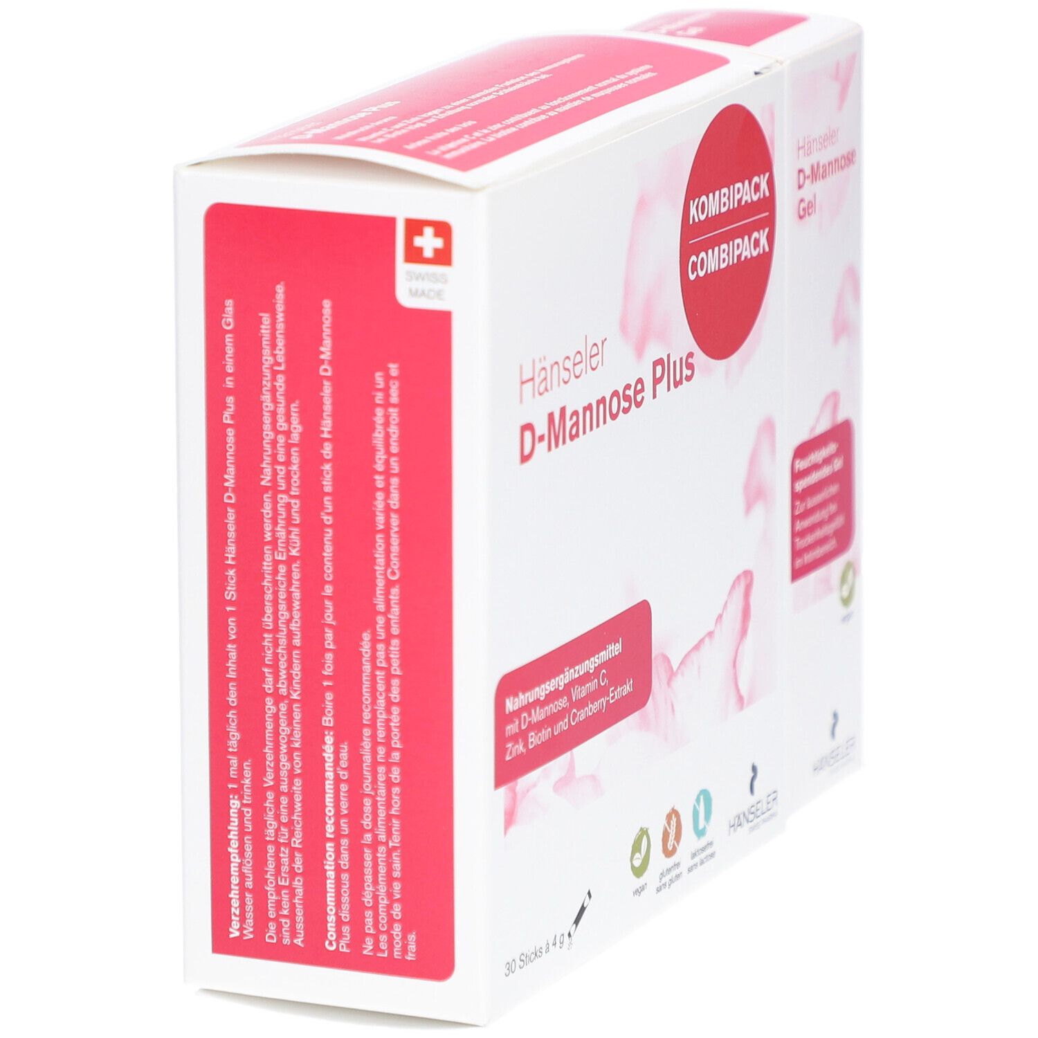 Seitenansicht der "Hänseler D-Mannose Plus" Kombipackung. Rosa Akzente, Text und Schweizer Kreuz.