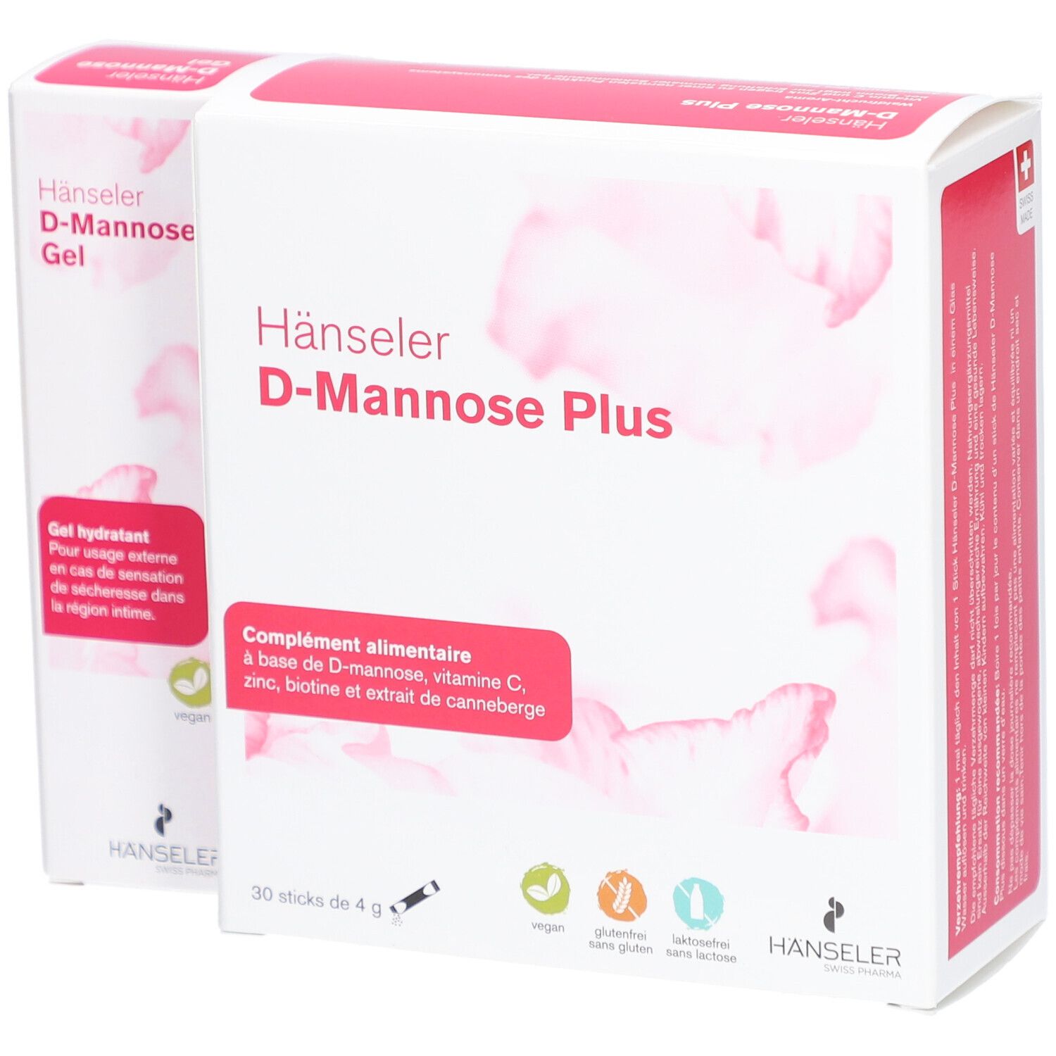 Zwei "Hänseler D-Mannose Plus" Packungen. Eine mit "Gel hydratant" Text, die andere mit "Complement alimentaire".