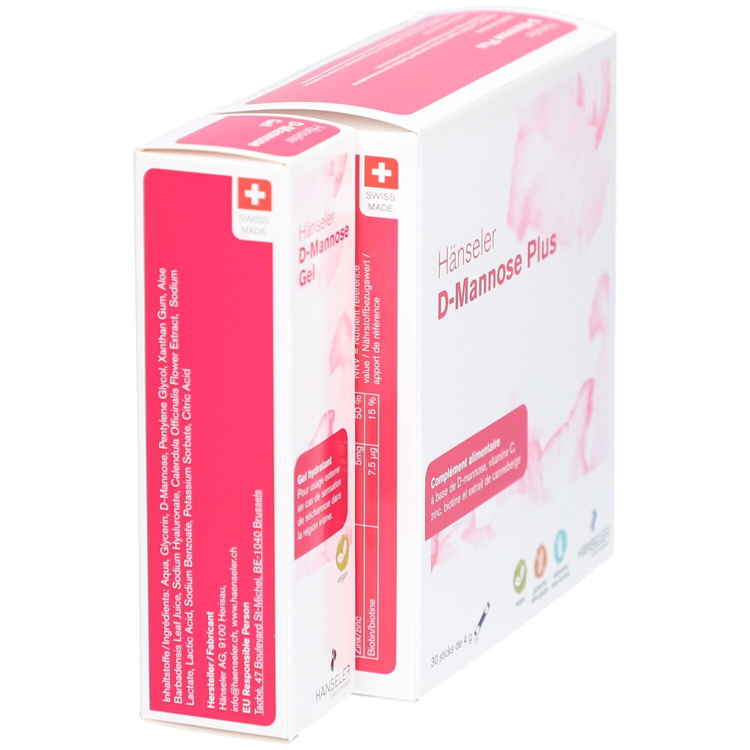 "Hänseler D-Mannose Plus" Packung und "D-Mannose Gel" Packung. Beide mit Text und Schweizer Kreuz.