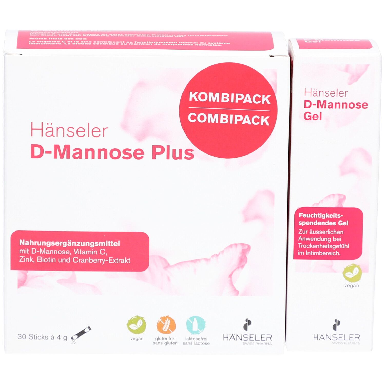 Kombipackung "Hänseler D-Mannose Plus" und "D-Mannose Gel". Beide Produkte in weiß-rosa Verpackungen.