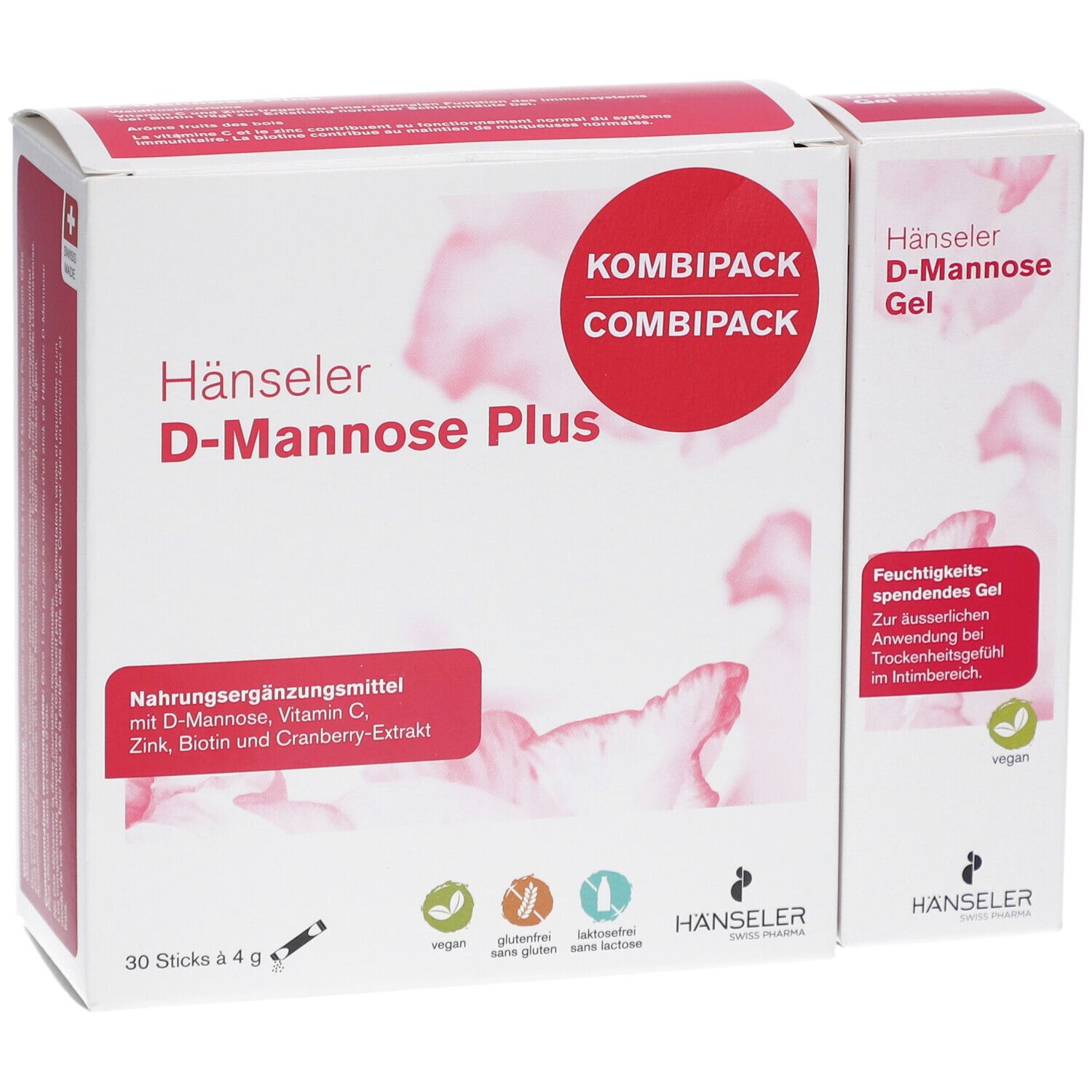 Kombipackung "Hänseler D-Mannose Plus" und "D-Mannose Gel". Beide Produkte in weiß-rosa Verpackungen.