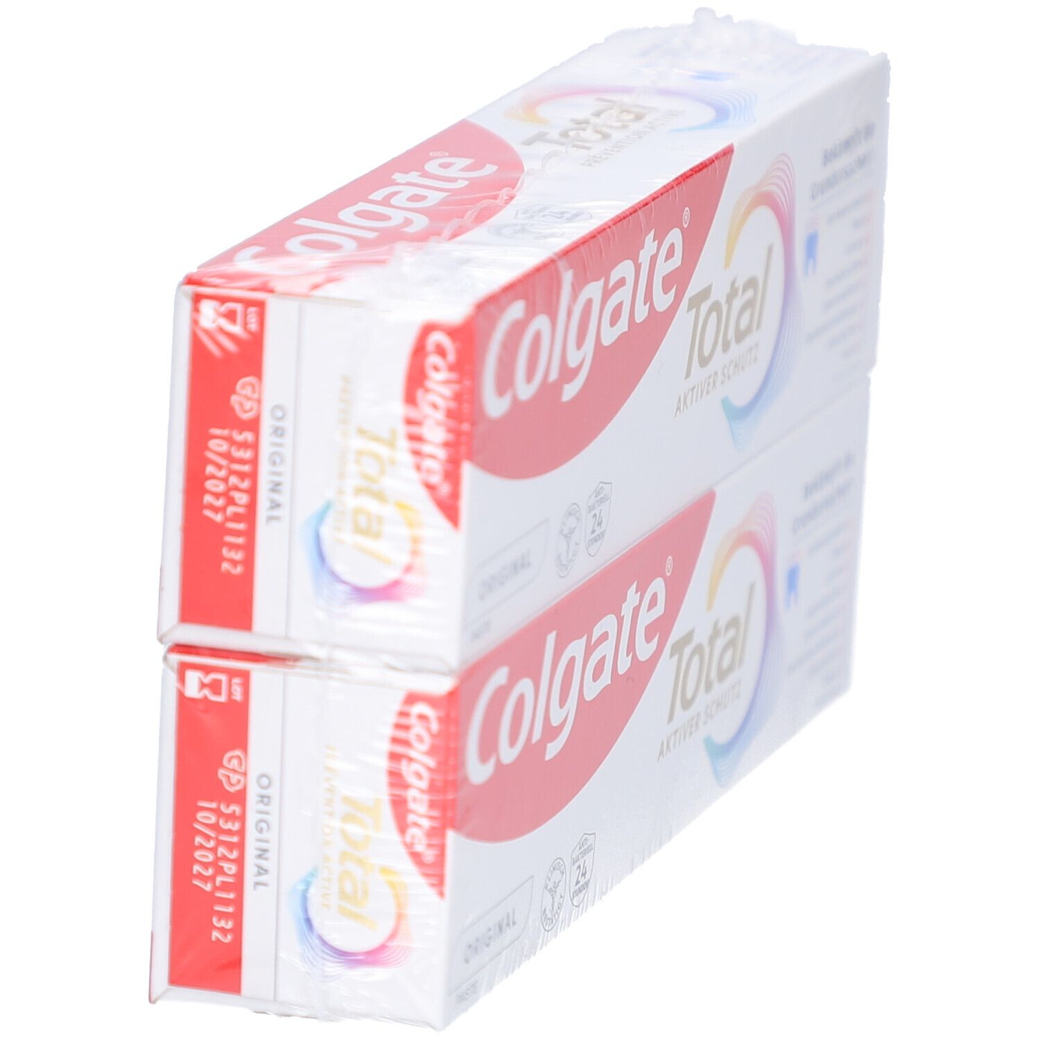 Zwei Colgate Total Original Zahnpasta-Packungen, seitlich betrachtet. Rote und weiße Verpackung mit Logo.