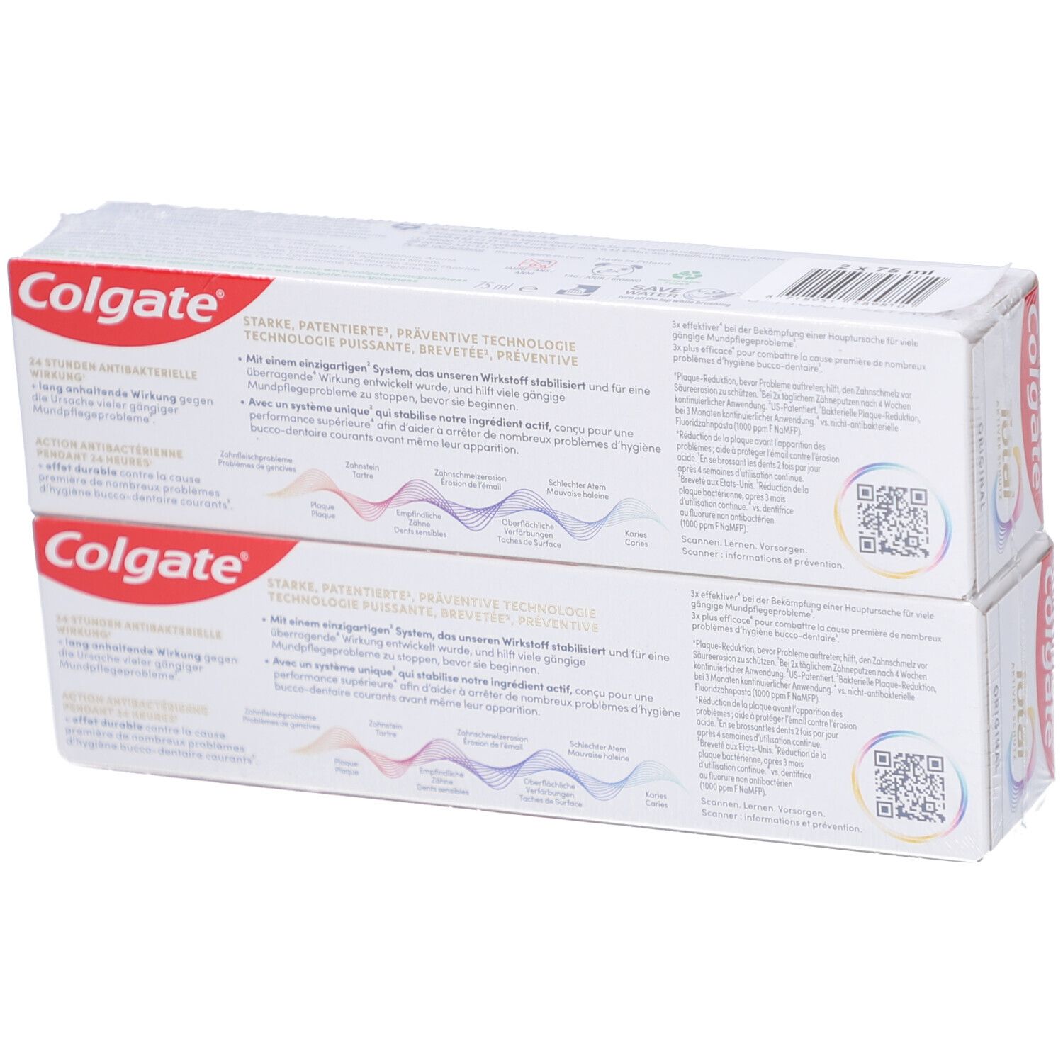 Rückseite von zwei Colgate Total Original Zahnpasta-Packungen. Text und Logos auf weißem Hintergrund.