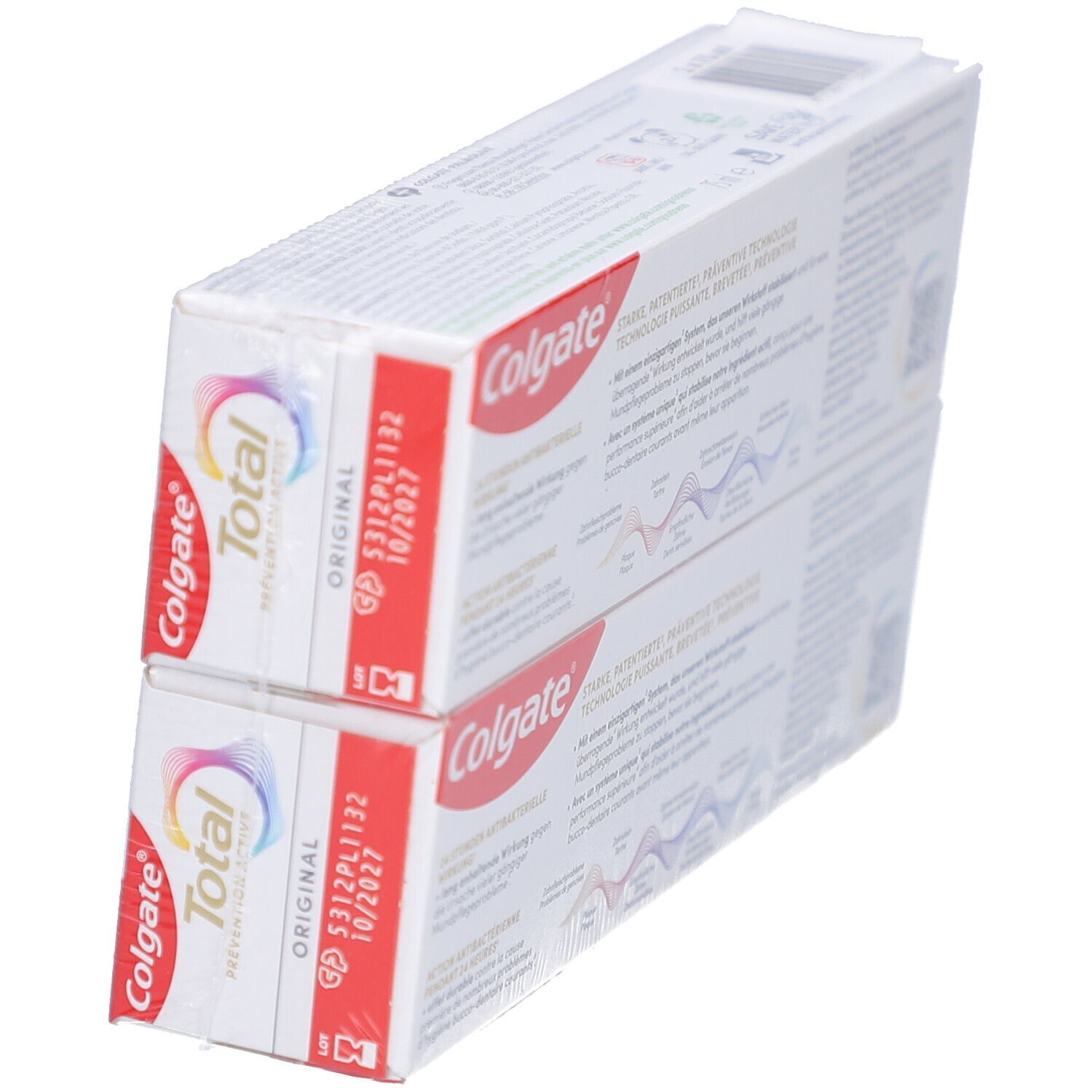 Zwei Colgate Total Original Zahnpasta-Packungen, seitlich betrachtet. Rote und weiße Verpackung mit Logo.