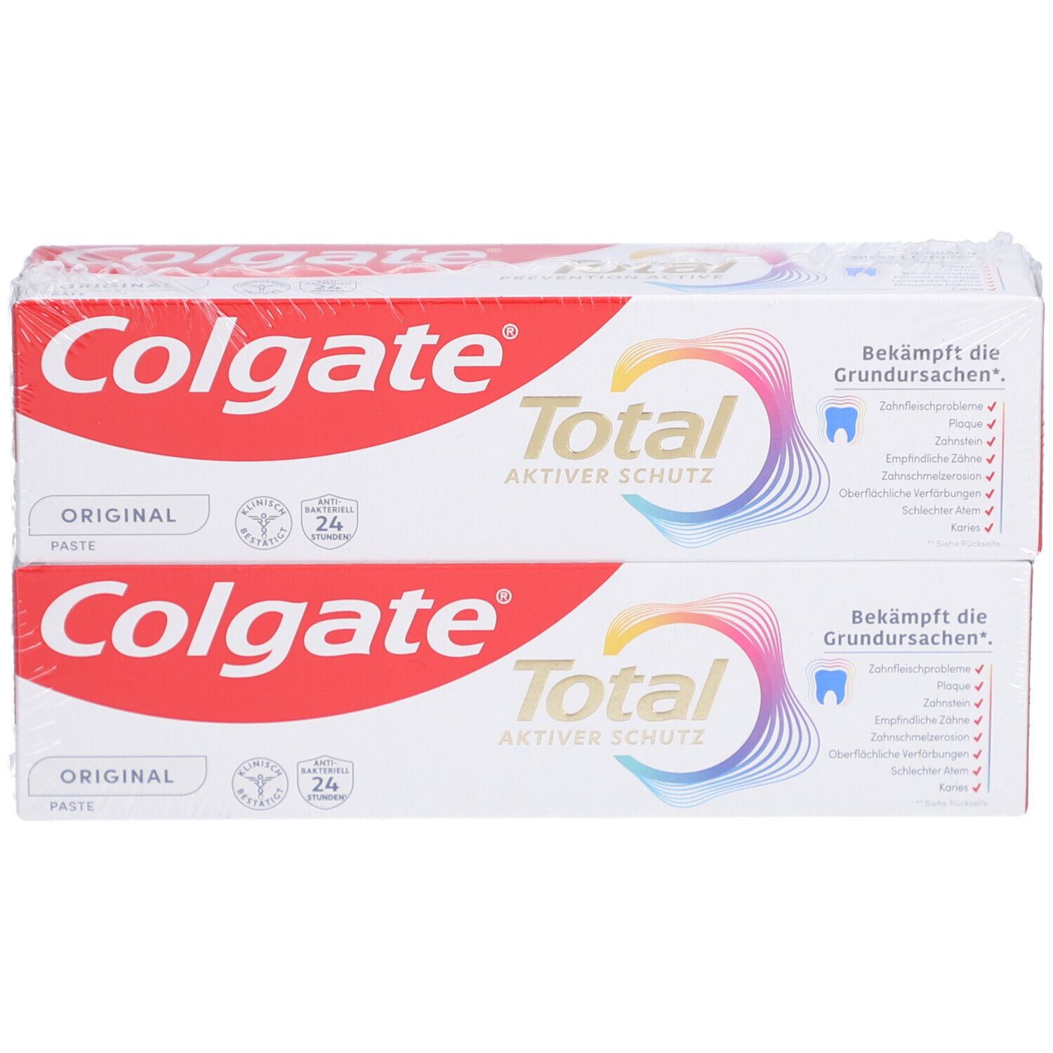 Zwei Colgate Total Original Zahnpasta-Packungen. Rote und weiße Verpackung mit Logo und Produktnamen.