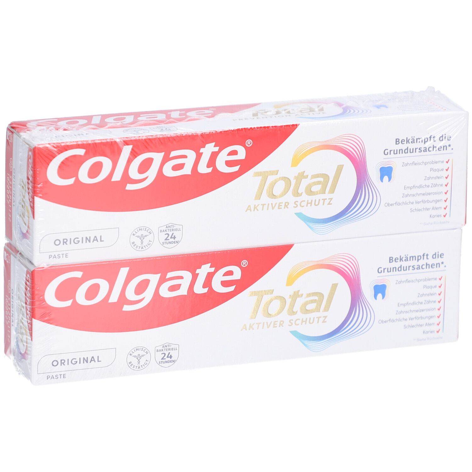 Zwei Colgate Total Original Zahnpasta-Packungen. Rote und weiße Verpackung mit Logo und Produktnamen.