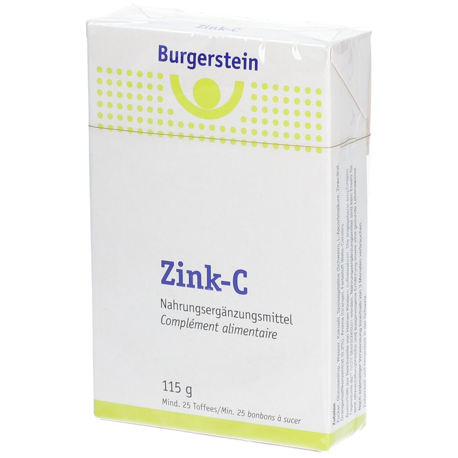 Weißer Karton mit "Burgerstein"-Logo und "Zink-C" Schriftzug. Enthält Nahrungsergänzungsmittel. 115g.