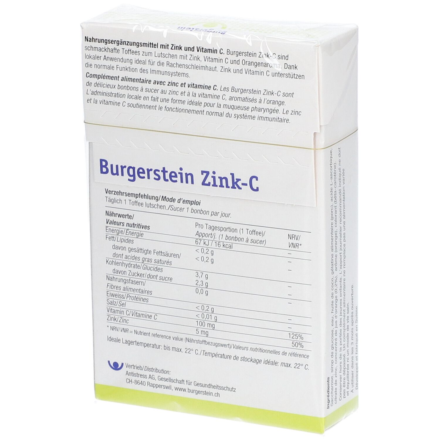 Rückseite des weißen Kartons mit Informationen zu Inhaltsstoffen und Nährwerten. "Burgerstein Zink-C".