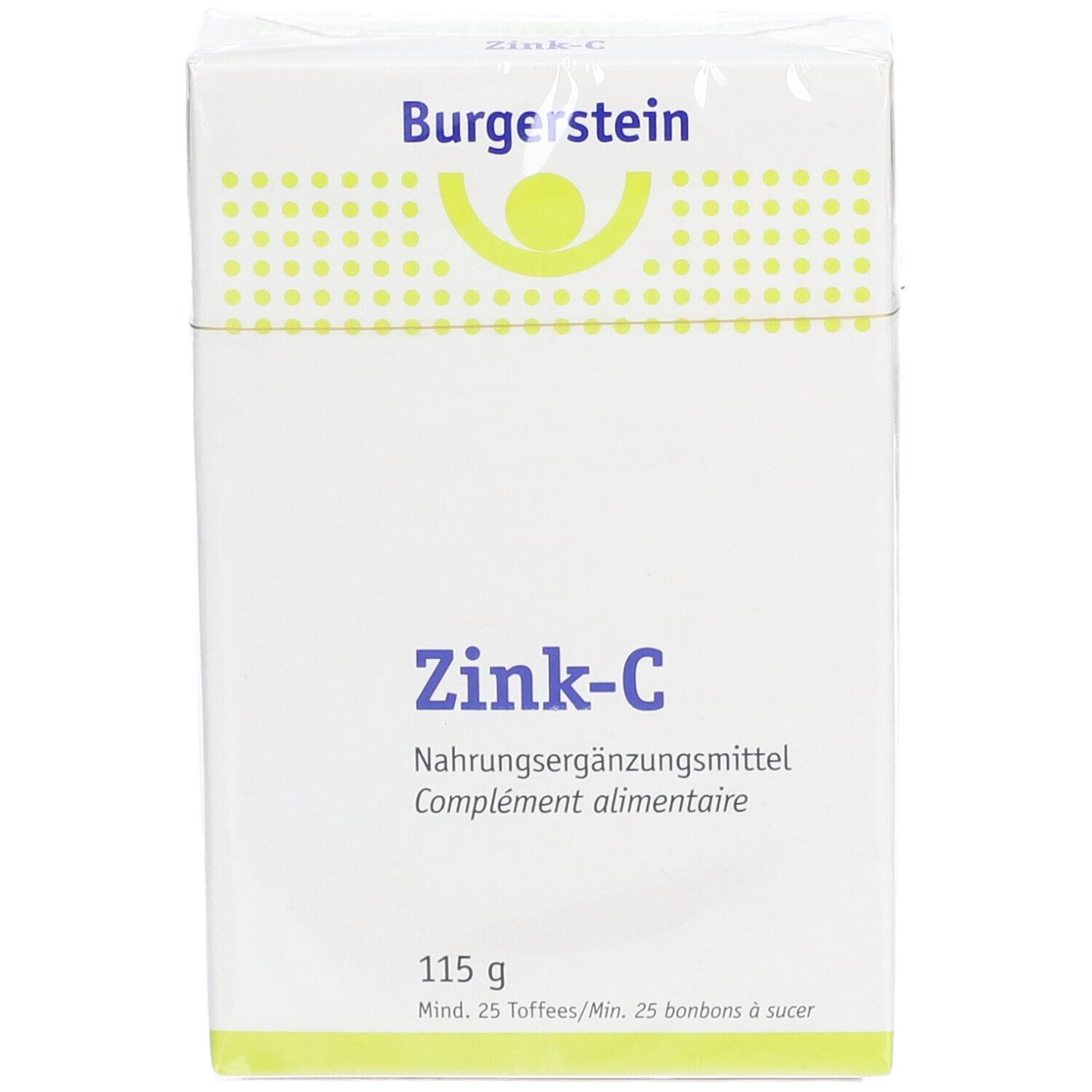Weißer Karton mit "Burgerstein"-Logo und "Zink-C" Schriftzug. Enthält Nahrungsergänzungsmittel. 115g.