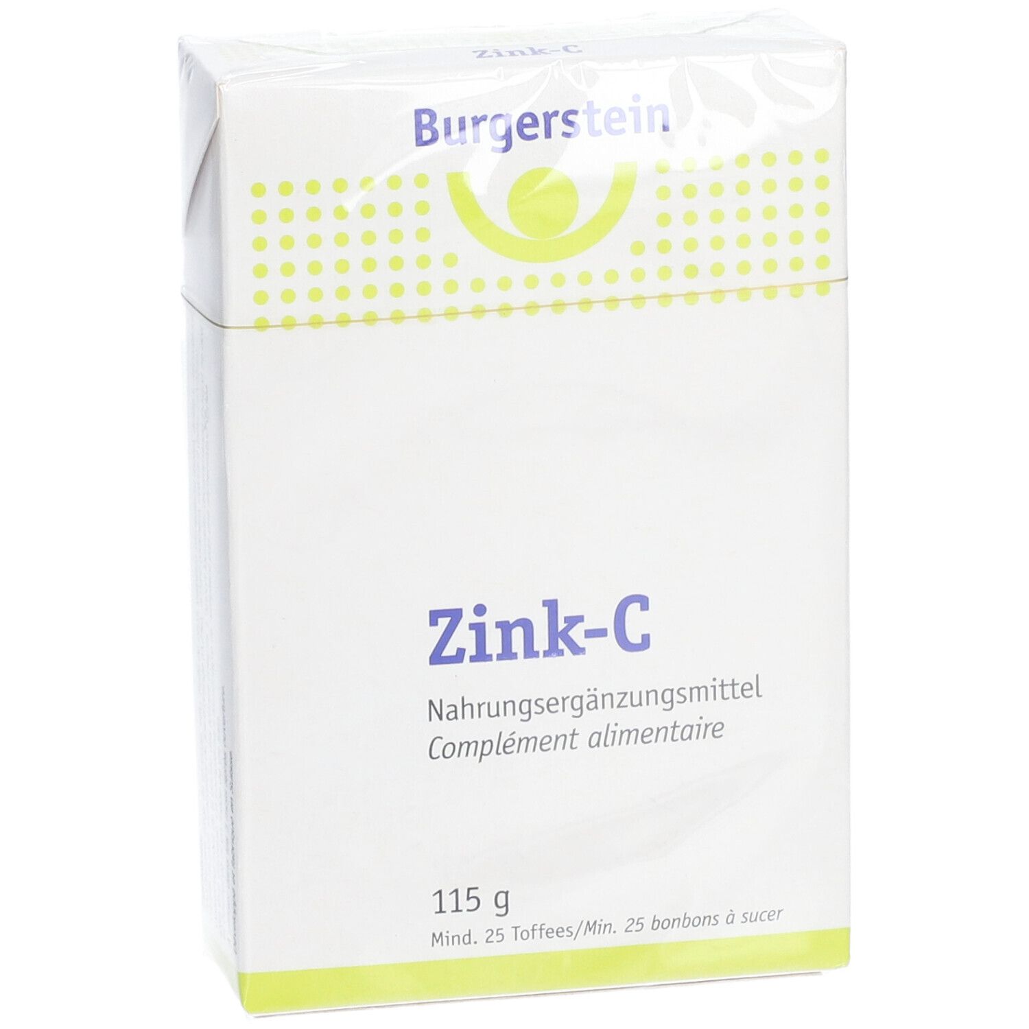 Weißer Karton mit "Burgerstein"-Logo und "Zink-C" Schriftzug. Enthält Nahrungsergänzungsmittel. 115g.
