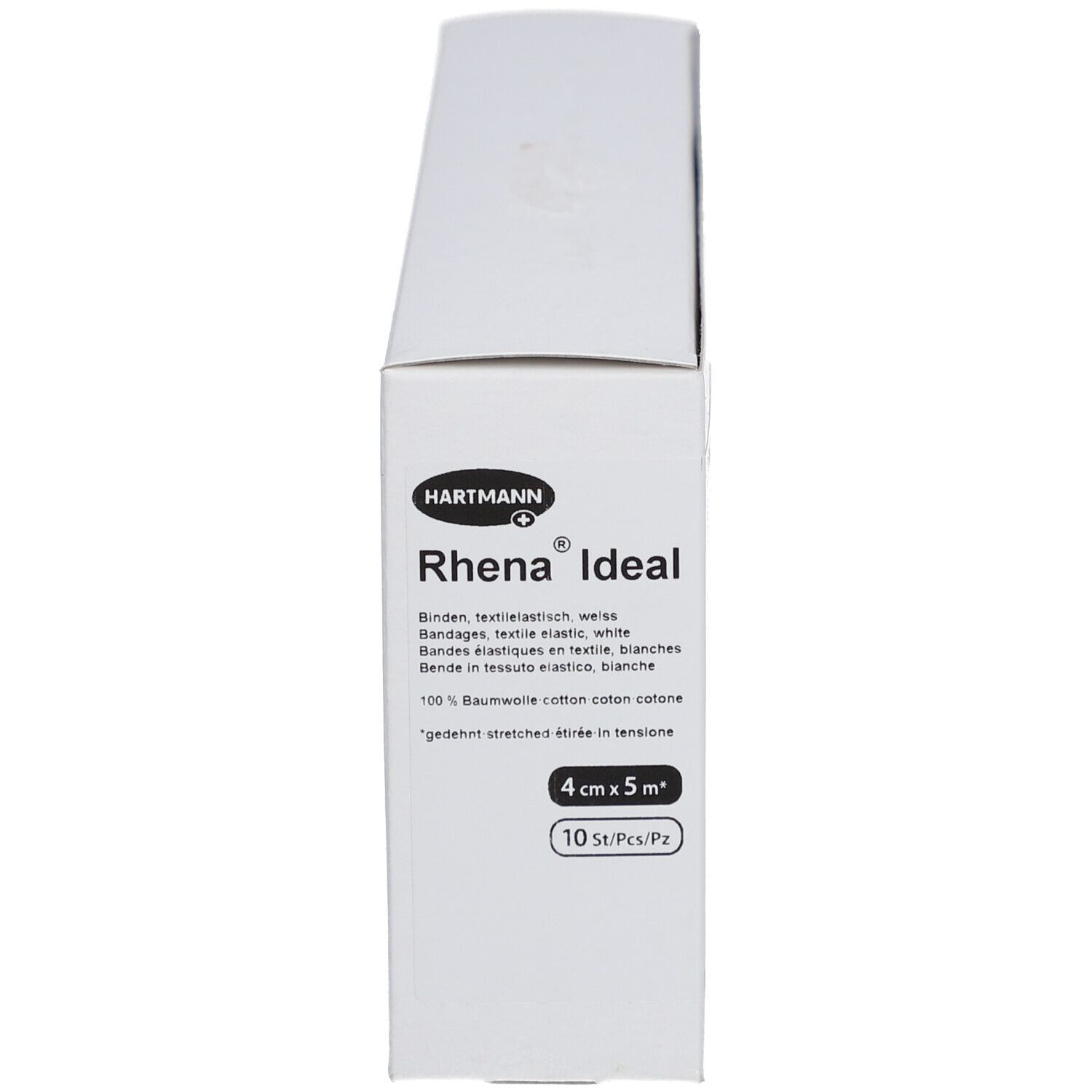 Emballage blanc avec informations produit. Texte: HARTMANN Rhena® Ideal, 4 cm x 5 m, 10 pièces.