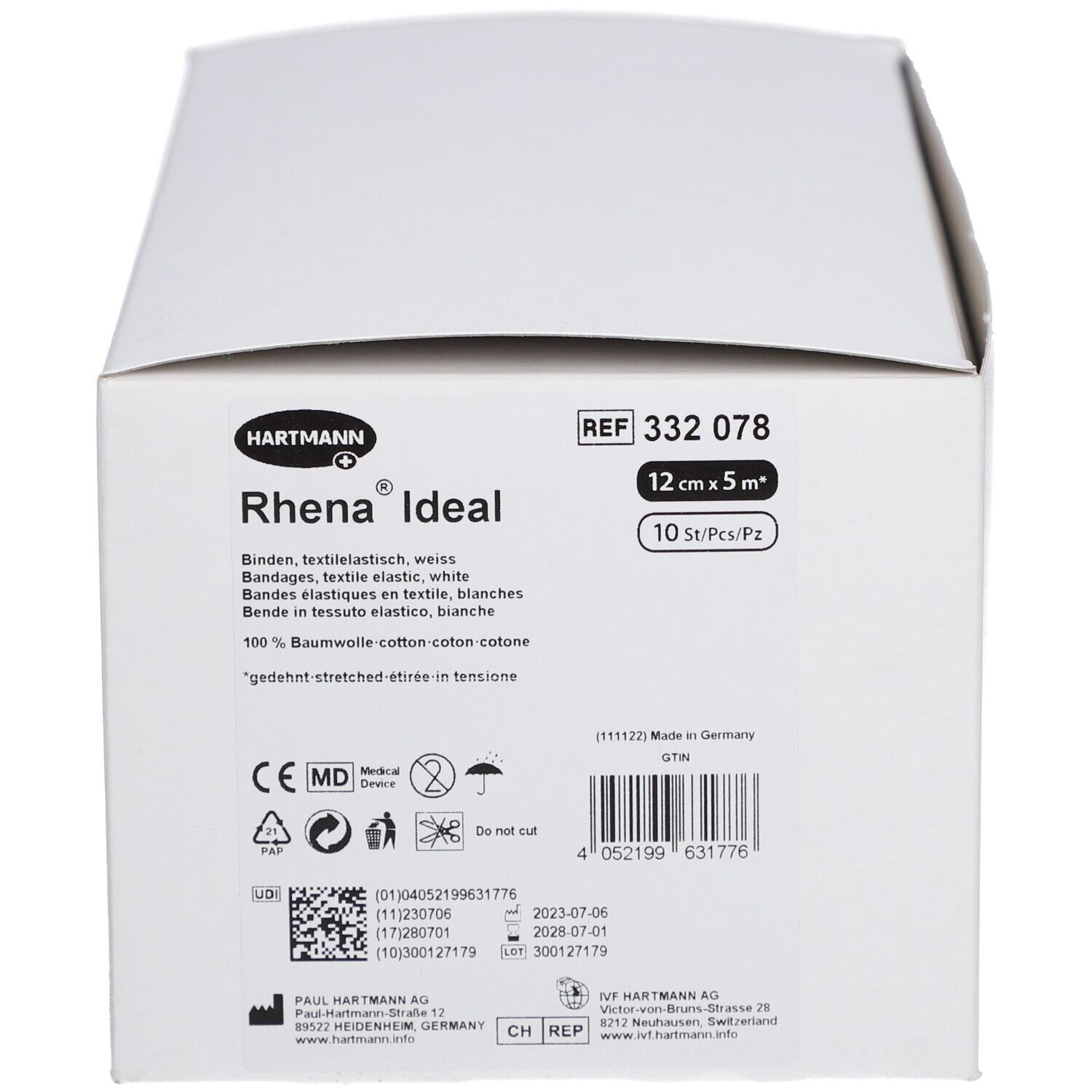 Weiße Verpackung von HARTMANN Rhena Ideal Textilbinden. Größe: 12 cm x 5 m. 10 Stück pro Packung. Medizinprodukt.