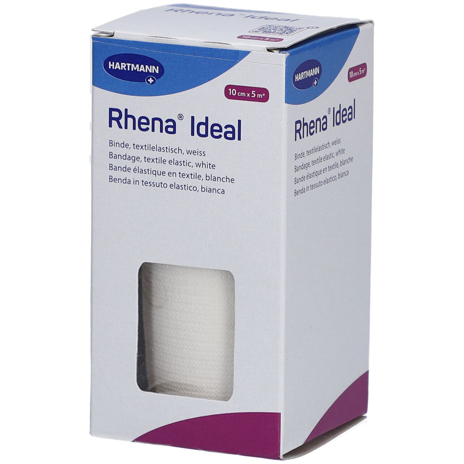 Verpackung mit weißer Textilbinde. Aufdruck: Rhena® Ideal, 10 cm x 5 m. Marke HARTMANN.