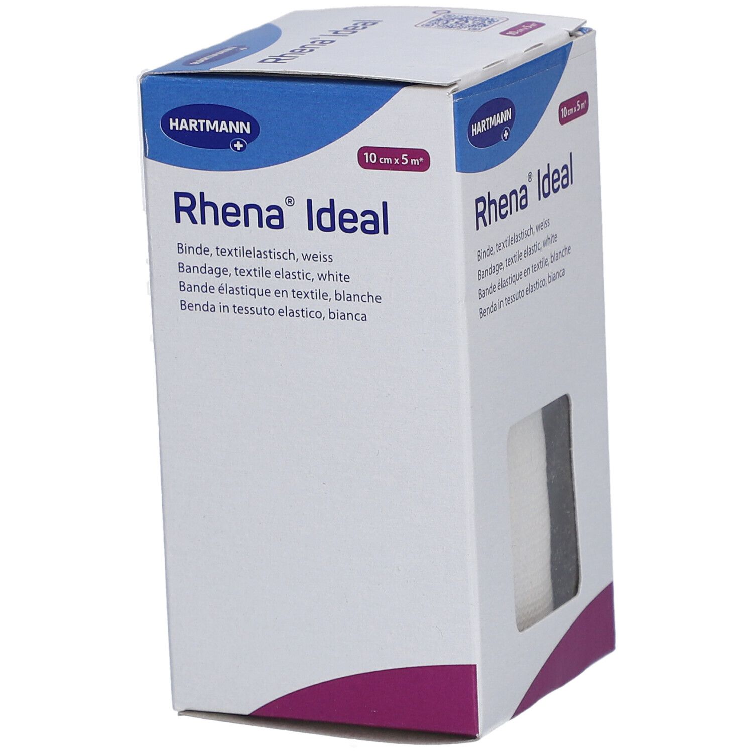Verpackung mit Textilbinde. Sichtfenster zeigt weiße und graue Binde. Aufdruck: Rhena® Ideal, 10 cm x 5 m.