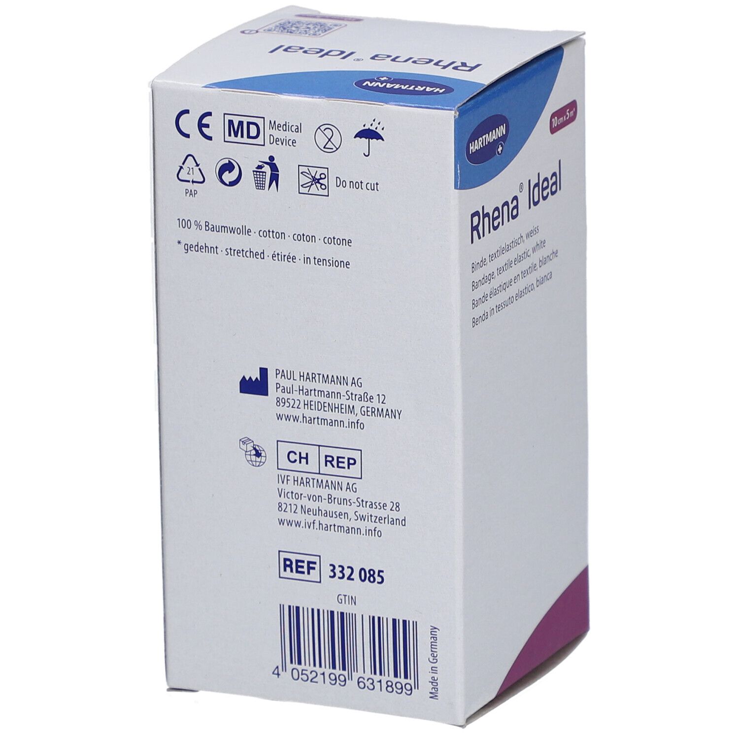 Rückseite der Verpackung. Aufdrucke: CE-Kennzeichnung, Herstelleradresse, Chargennummer, GTIN-Code. Marke HARTMANN.