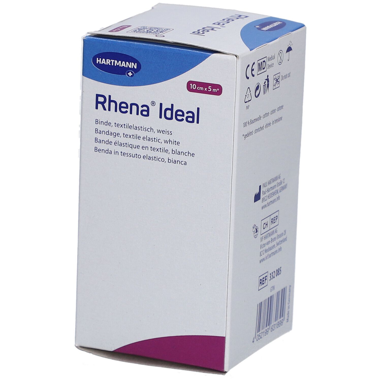 Verpackung mit Textilbinde. Aufdruck: Rhena® Ideal, 10 cm x 5 m. Marke HARTMANN. CE-Kennzeichnung.
