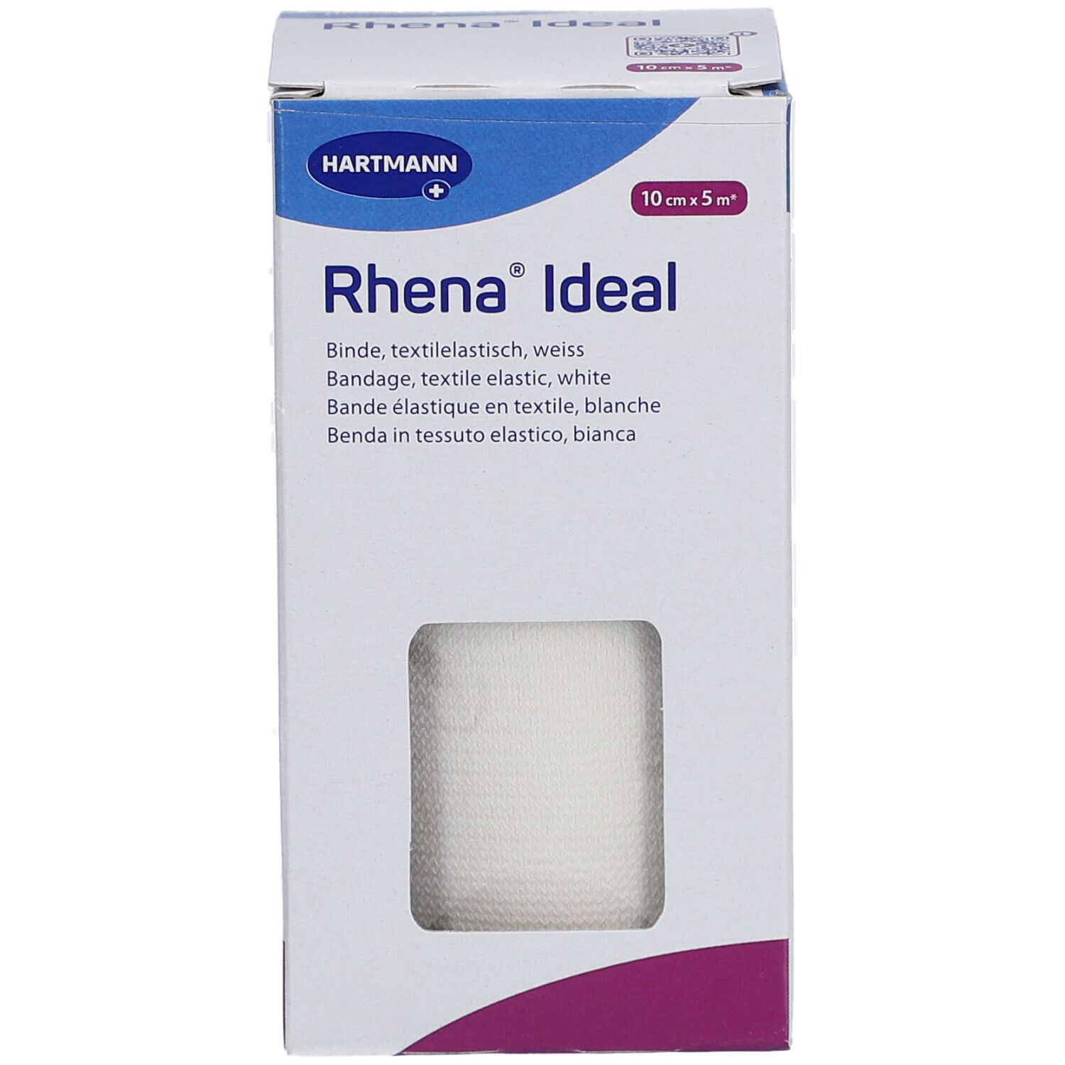 Verpackung mit Textilbinde. Sichtfenster zeigt weiße Binde. Aufdruck: Rhena® Ideal, 10 cm x 5 m. Marke HARTMANN.