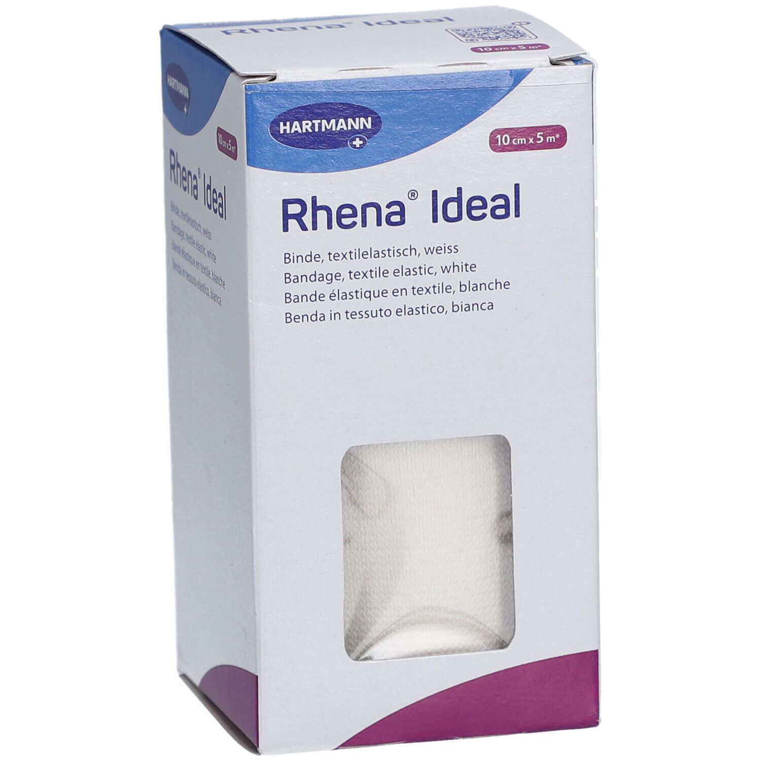 Verpackung mit Textilbinde. Sichtfenster zeigt weiße Binde. Aufdruck: Rhena® Ideal, 10 cm x 5 m. Marke HARTMANN.