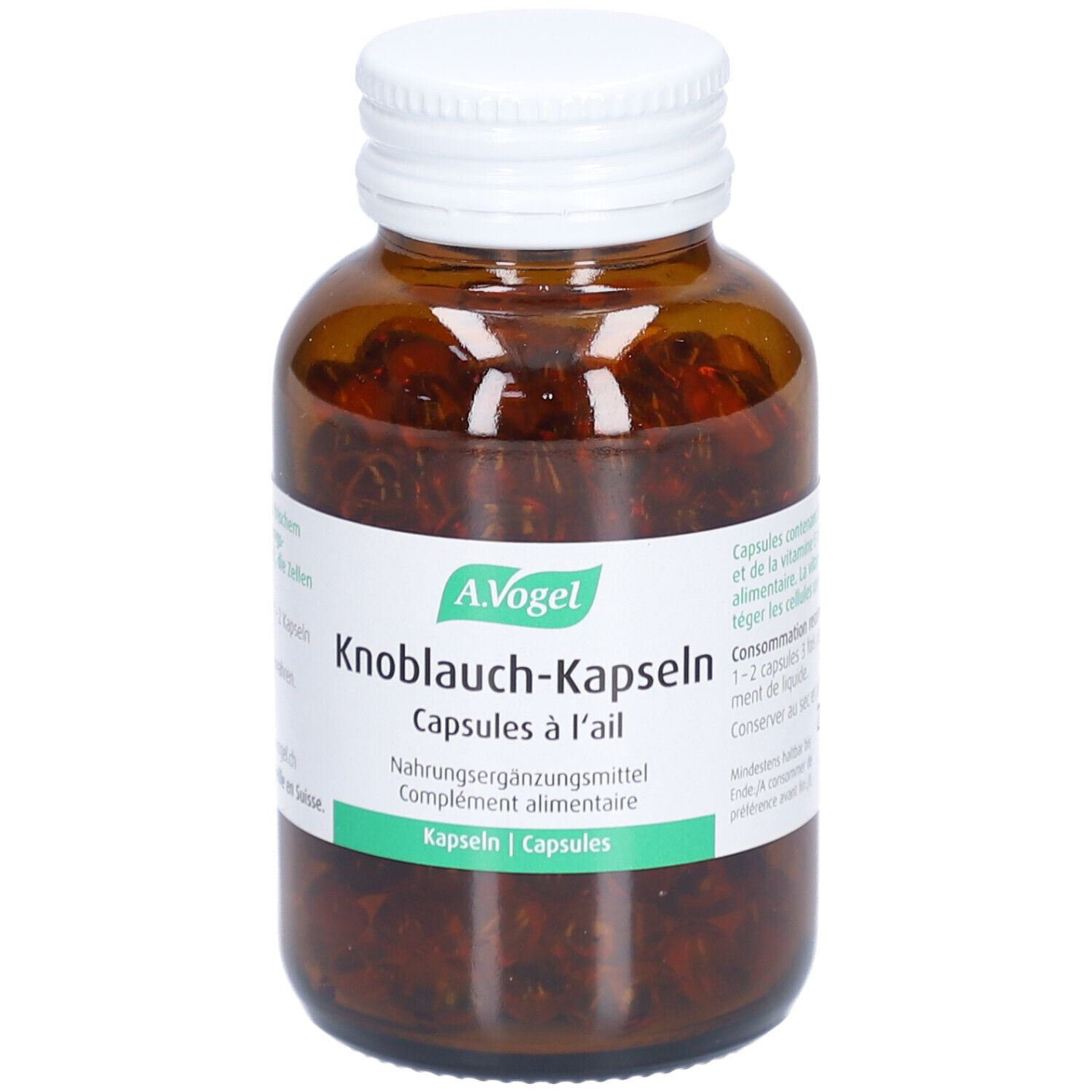 Braune Glasflasche mit weißen Deckel. Etikett mit Produktnamen und Marke A.Vogel. Kapseln sichtbar.