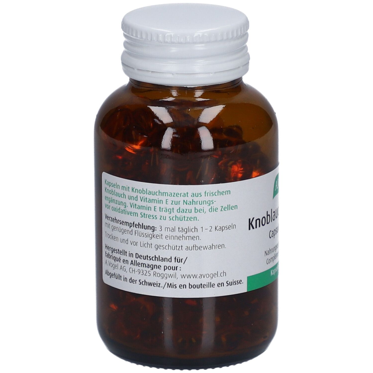 Braune Glasflasche mit weißem Deckel. Etikett mit Produktinformationen. Kapseln sichtbar.