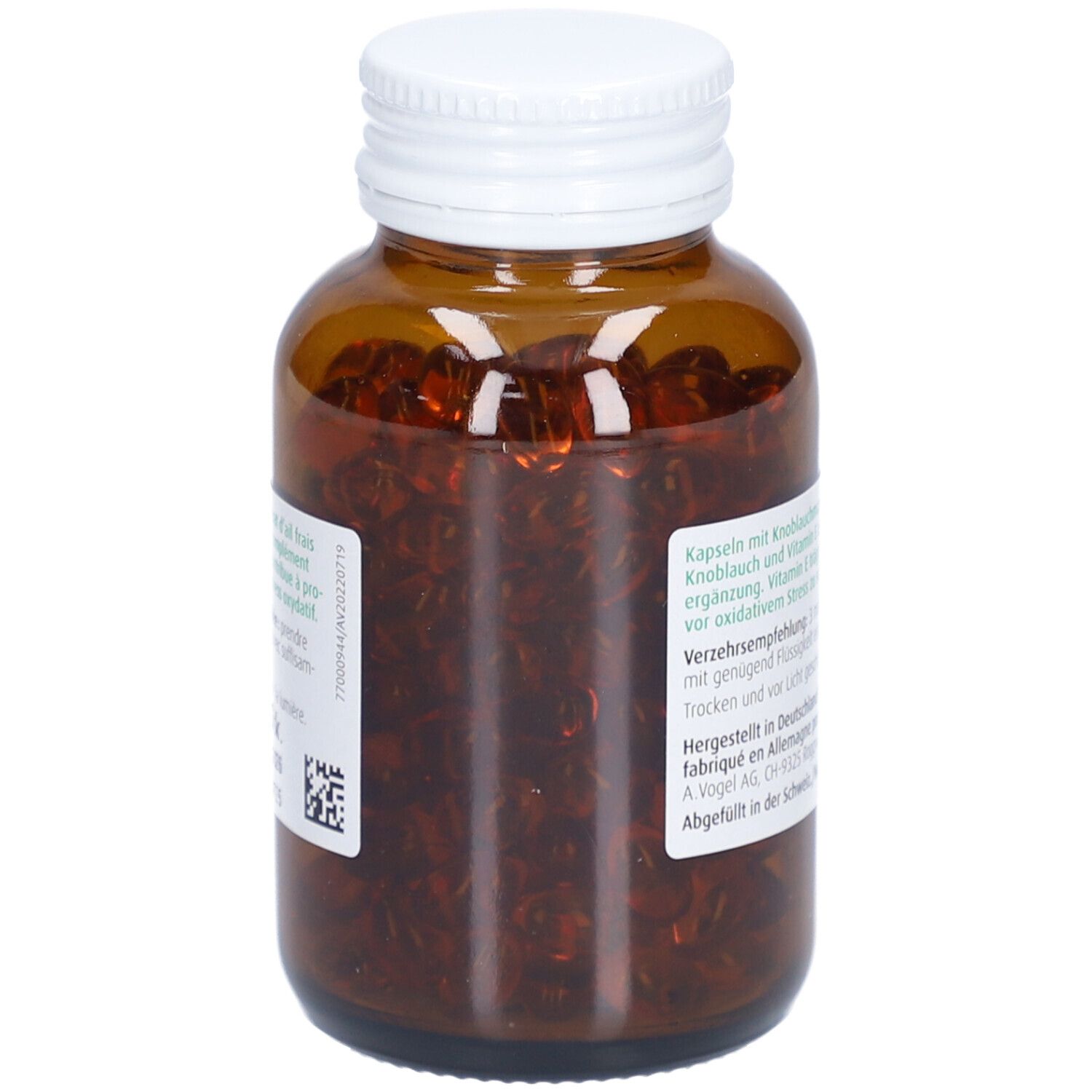 Braune Glasflasche mit weißem Deckel. Kapseln sichtbar. Etikett mit Produktinformationen.