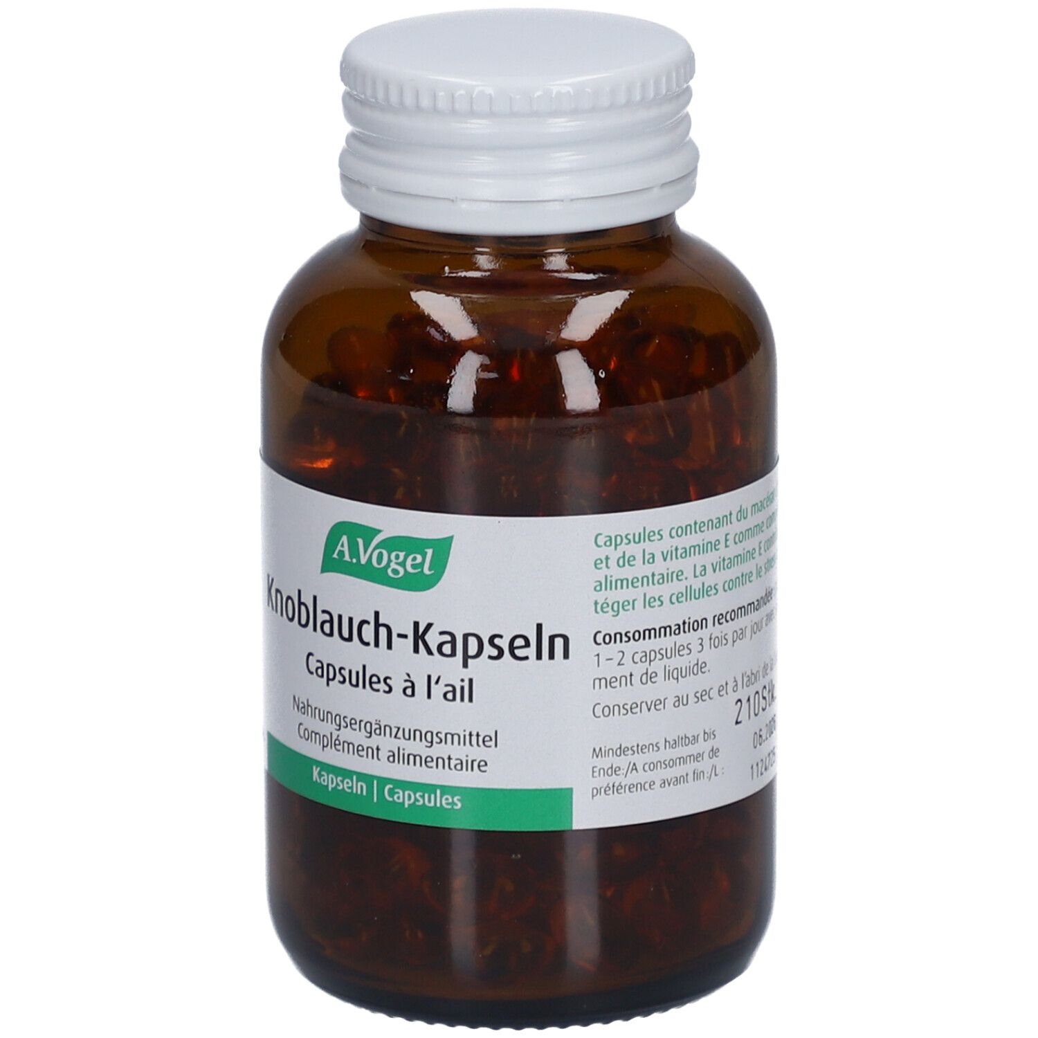 Braune Glasflasche mit weißem Deckel. Etikett mit Produktnamen und Marke A.Vogel. Kapseln sichtbar.