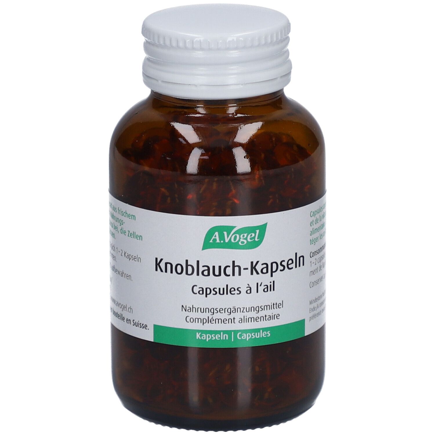 Braune Glasflasche mit weißem Deckel. Etikett mit Produktnamen und Marke A.Vogel. Kapseln sichtbar.