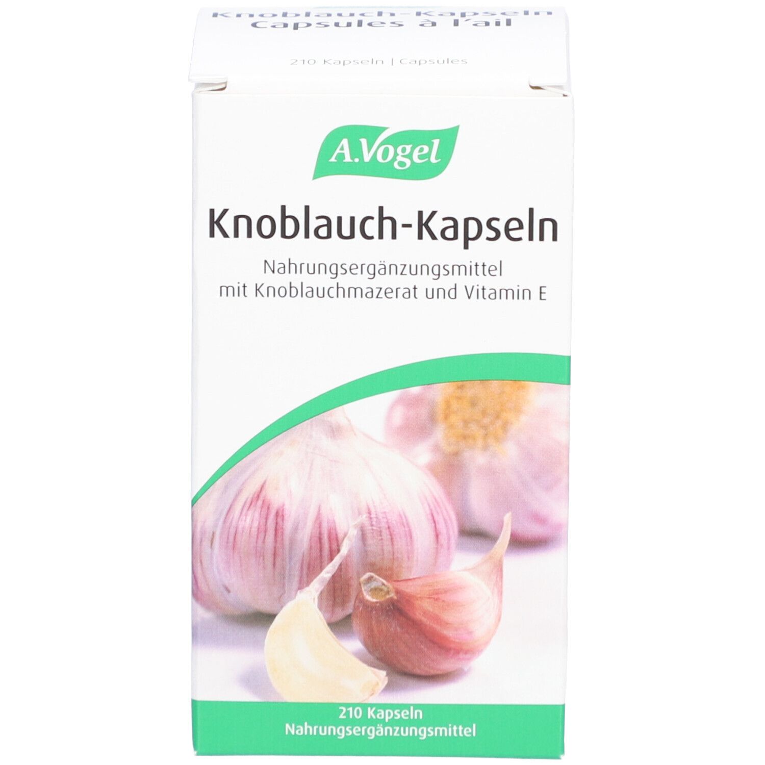 Weiße Produktverpackung mit Produktnamen und Knoblauchabbildung. 210 Kapseln.