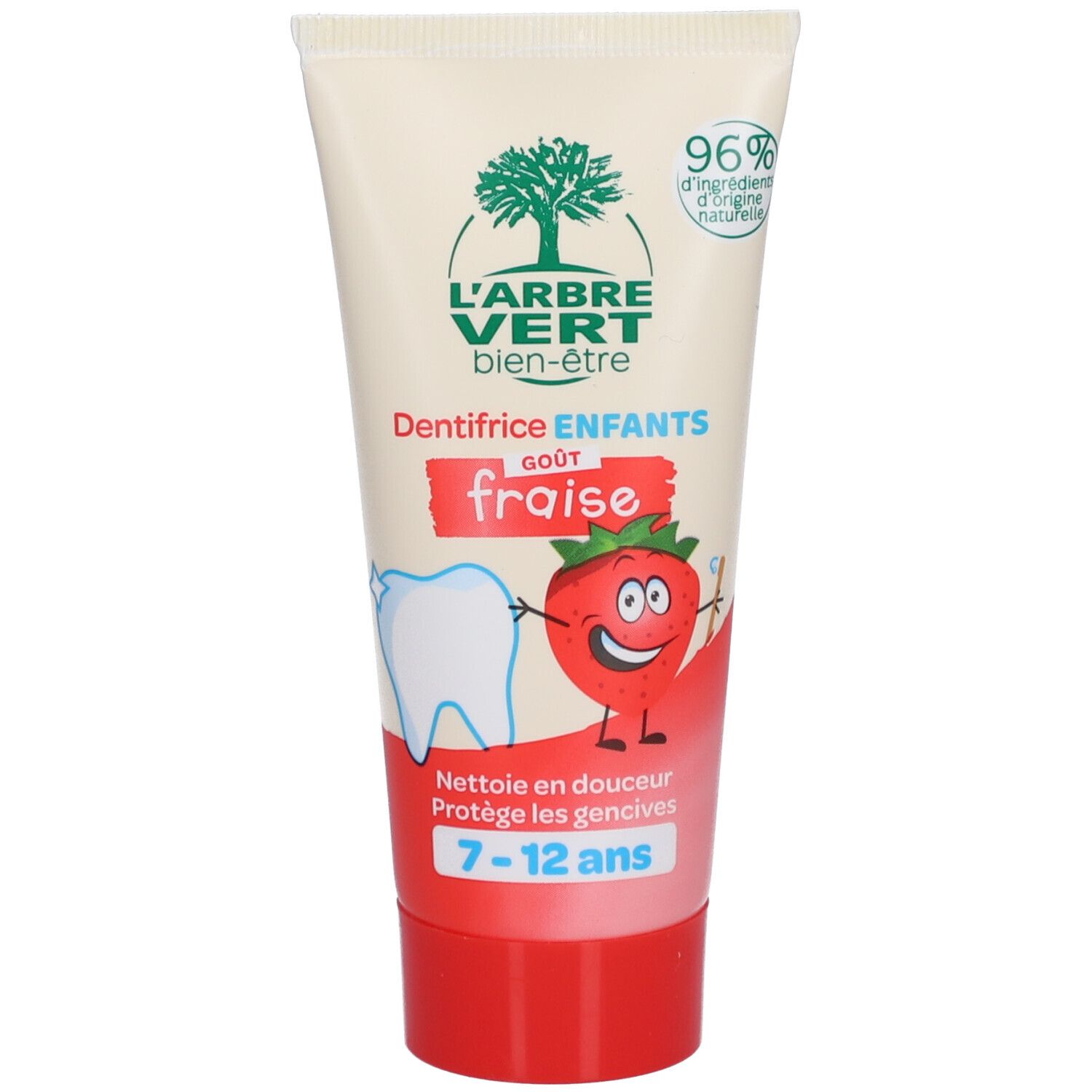 Tube de dentifrice L'Arbre Vert, goût fraise, pour enfants 7-12 ans. Illustration fraise et dent. Ingrédients naturels.