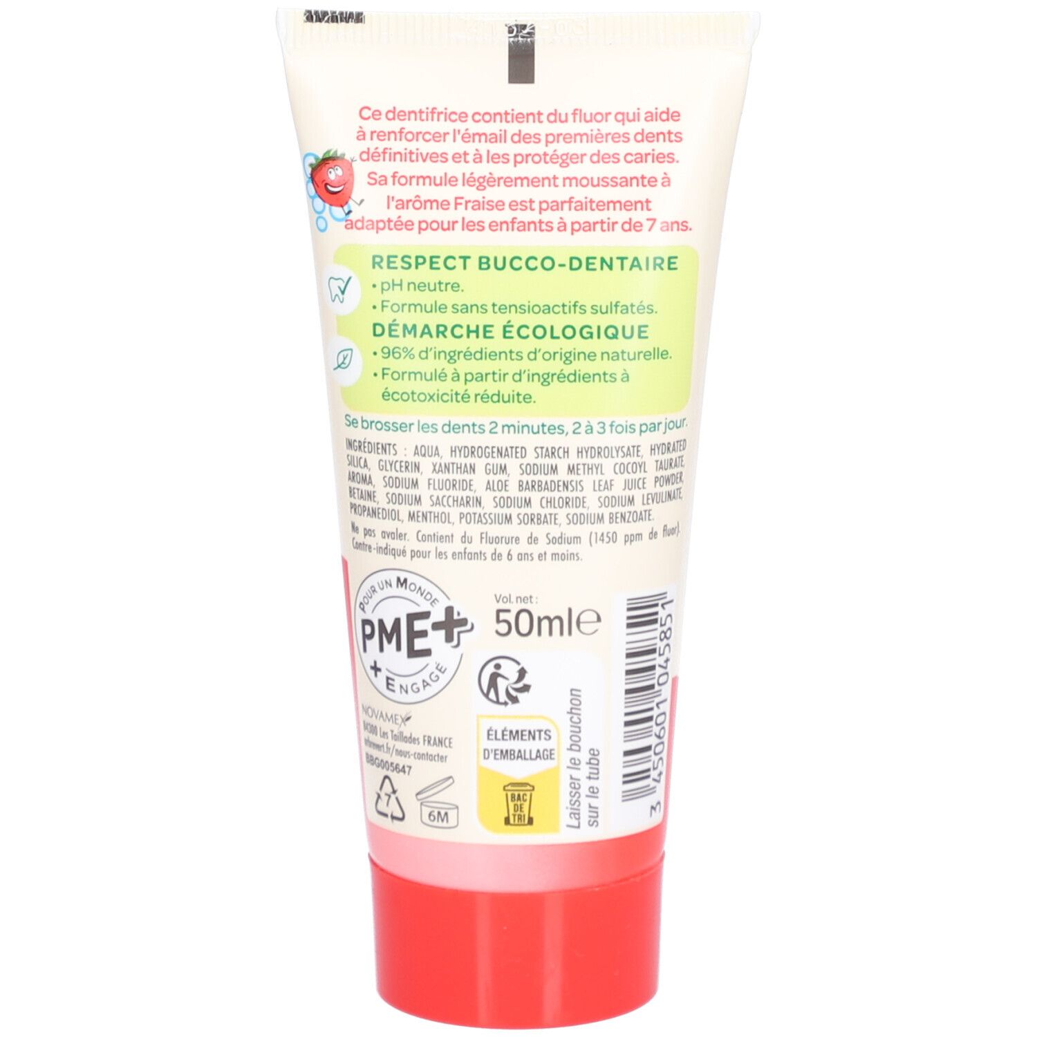 Dos du tube de dentifrice. Texte: fluor, pH neutre, Demarche Ecologique, 96% ingrédients naturels. 50ml.