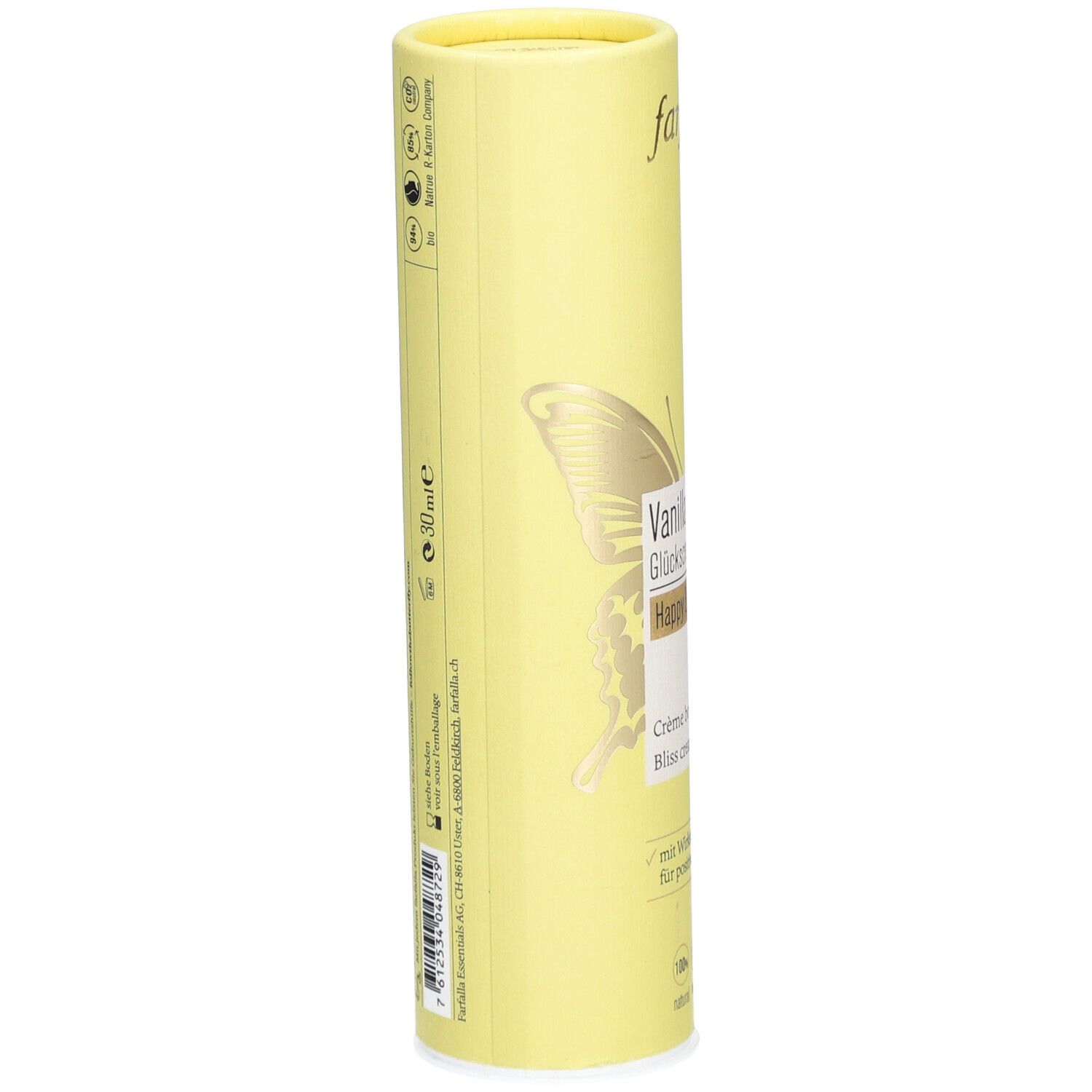 Gele, cilindrische verpakking. Opdruk: farfalla, Vanilla Glow Glückscreme. Zijkant: 30 ml, logo's, contactgegevens.