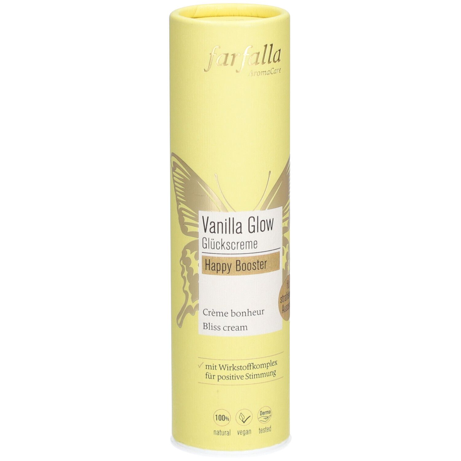 Cilindrische verpakking, geel. Opdruk: farfalla, Vanilla Glow Glückscreme, Happy Booster, Crème bonheur, Bliss cream.