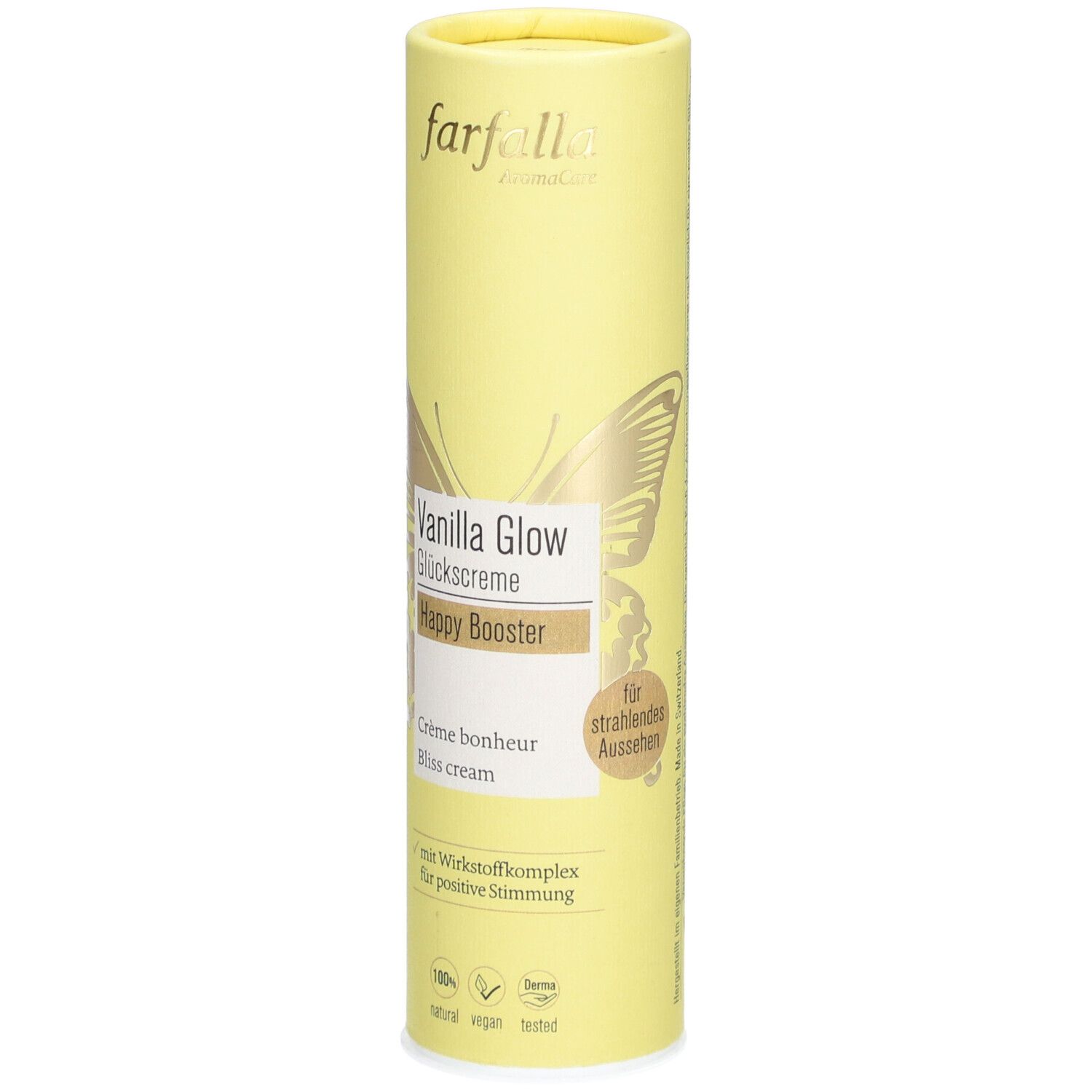 Gele, cilindrische verpakking. Opdruk: farfalla, Vanilla Glow Glückscreme, Happy Booster, Crème bonheur, Bliss cream.