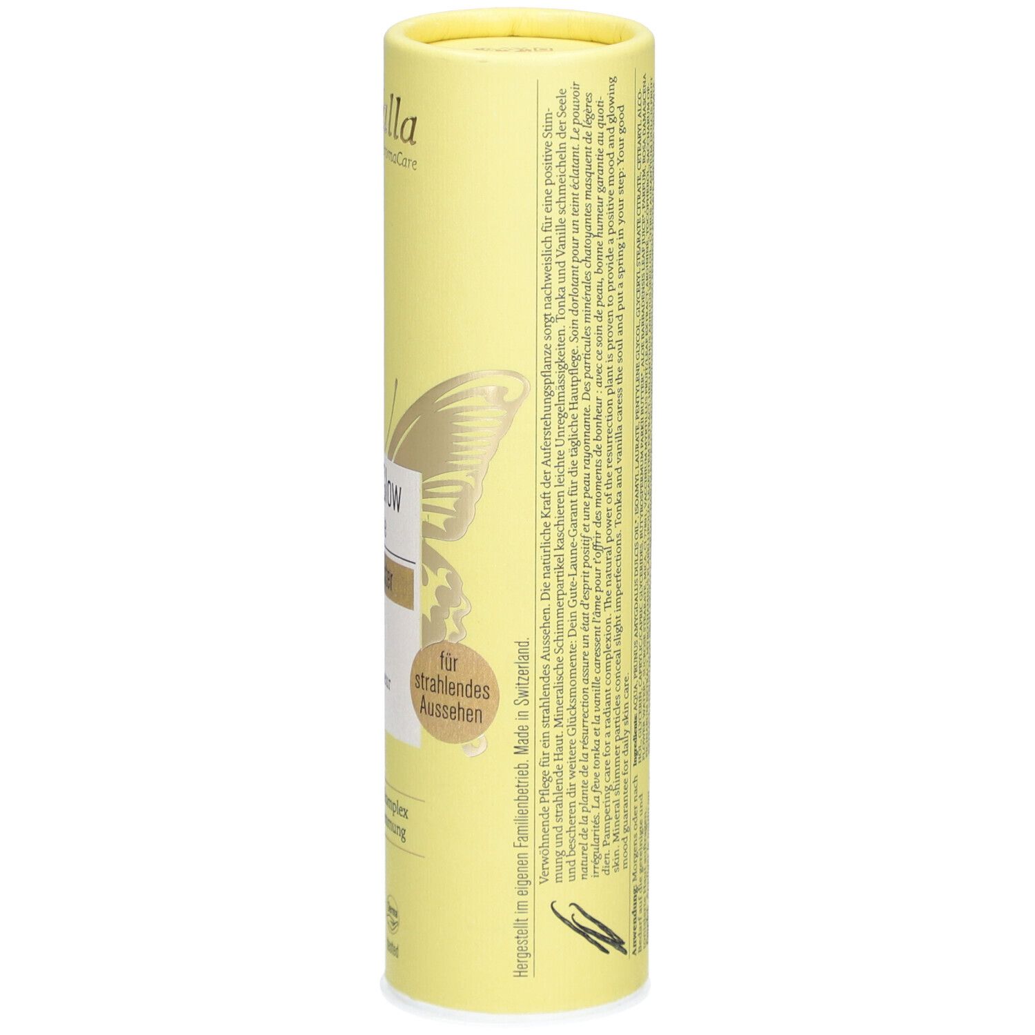 Gele, cilindrische verpakking. Tekst: ingrediënten, gebruiksaanwijzing, contactgegevens, logo's, 30 ml.