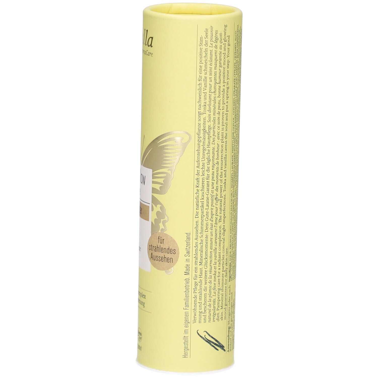 Zylindrische Verpackung, hellgelb, mit Text und Logos. Text: Produktbeschreibung, Herkunft, Anwendungshinweise.