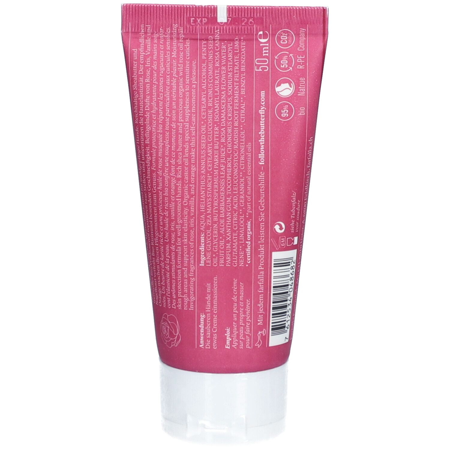 Rückseite der rosa Tube FARFALLA Handcreme. Text: Inhaltsstoffe, 50ml, Naturkosmetik-Siegel, Anwendungshinweise.