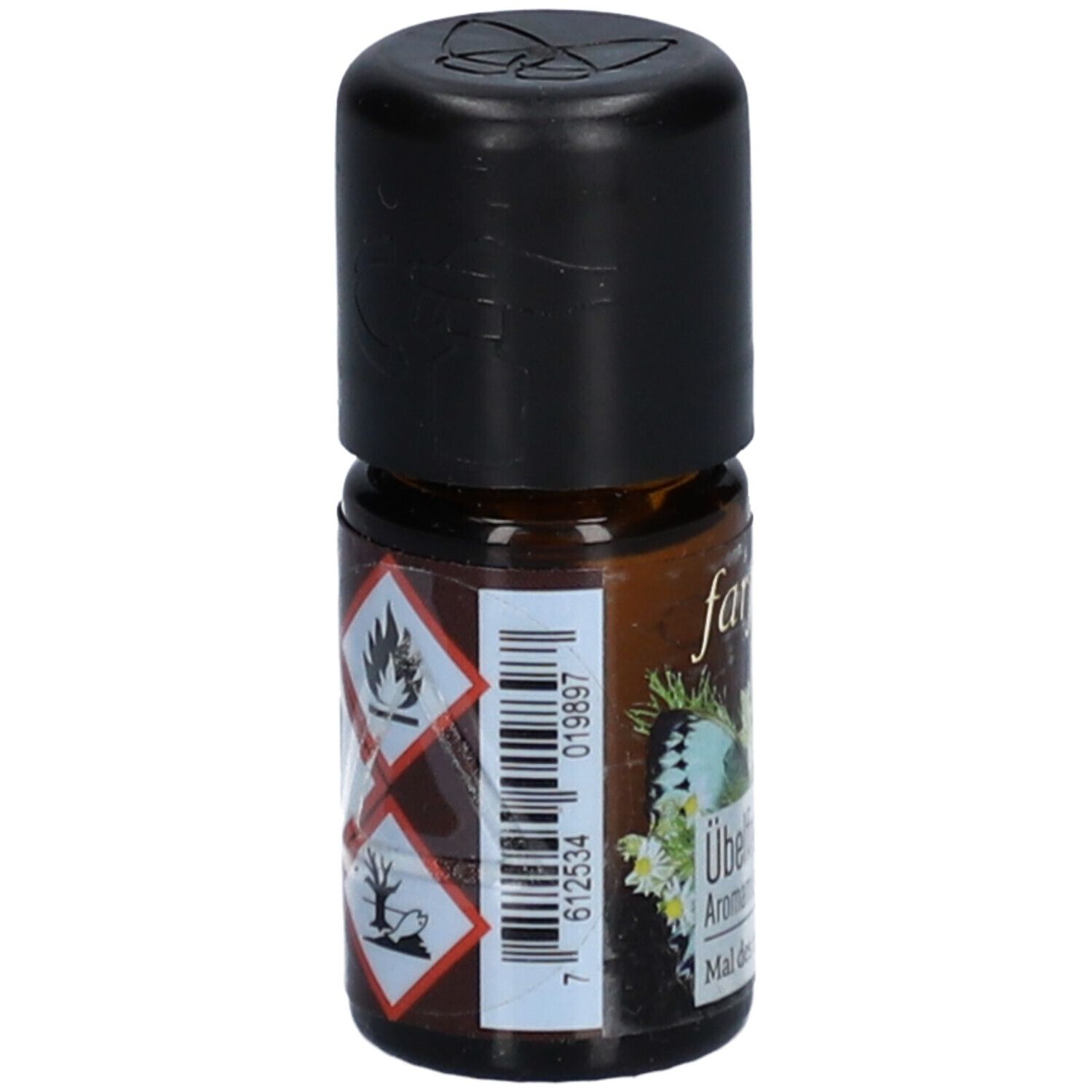 Braune Glasflasche mit schwarzem Deckel. Aufkleber mit Barcode und Gefahrensymbolen. Aufschrift: farfalla, Übelfrei Aromamischung.